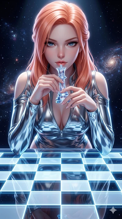 score_9, masterpiece, best quality, ultra-detailed, high-budget anime keyframe, semi-realistic 3D game render, Japanese woman. Upper body close-up from the thighs up, character filling the screen for maximum presence. She is leaning over a giant glow