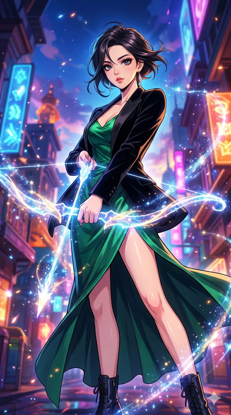 score_9, masterpiece, best quality, ultra-detailed, High-budget Anime Keyframe, beautiful Korean anime girl. Low angle cowboy shot filling the entire 9:16 frame with her overwhelming presence. Summoning a bow and arrow made of starlight with an overwhelming presence that dominates the space. She has an absolutely perfect 8-heads proportion, an exceptionally tall and slender female figure with impossibly long slender legs and an ultra-slim waist. Sharp v-shaped jawline, high-bridge nose, intricate jewel-like eyes with depth, thick eyelashes, glossy lips with a natural sheen. Wearing a High-Fashion Editorial outfit: emerald silk slip dress with high side slit, backless velvet gown, structured blazer with nothing underneath. Background is a bright and colorful environment with cinematic lighting, dynamic particle effects, and high-contrast shadows. 2k, ultra detail, master piece, 9:16 ratio