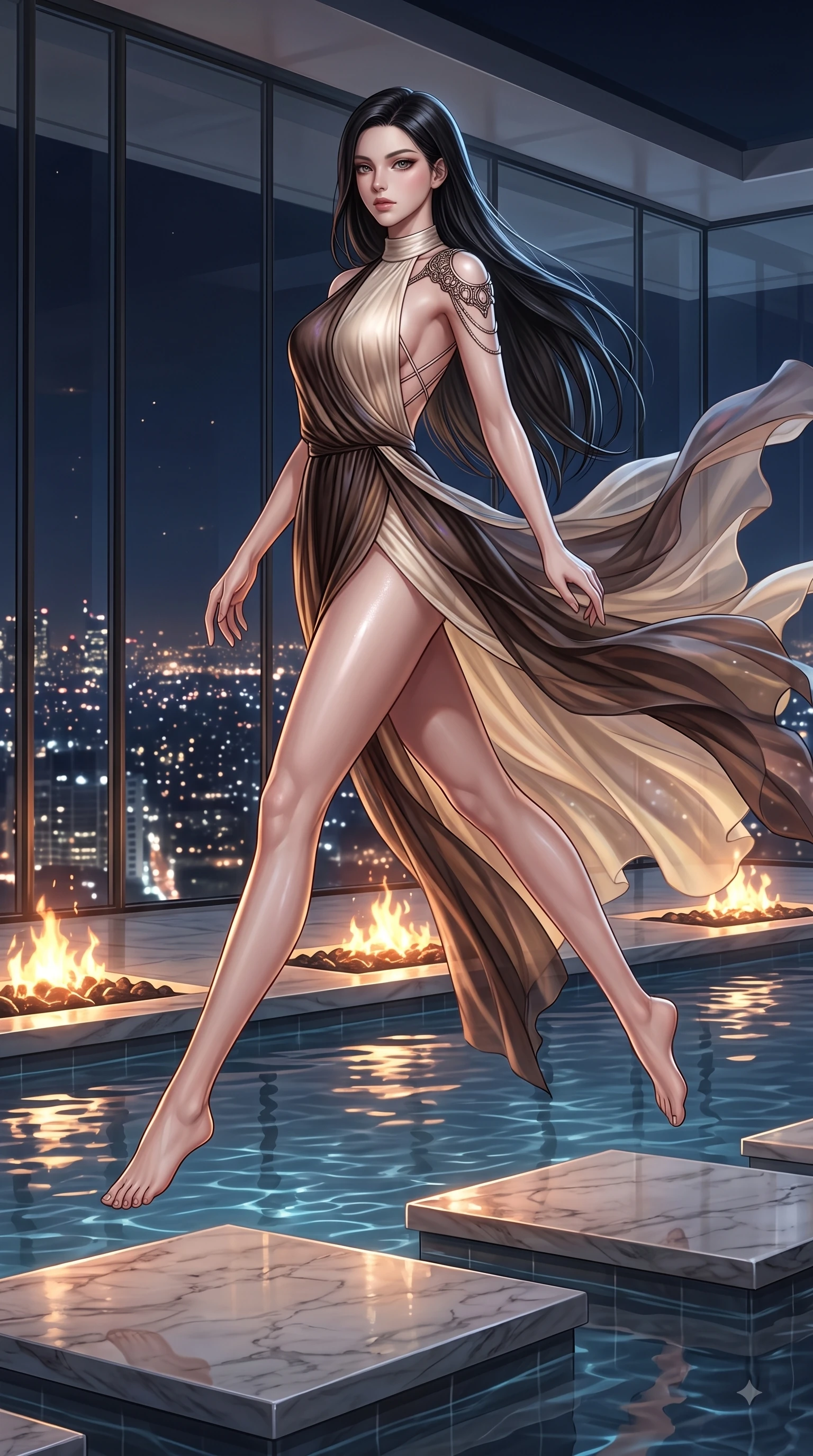 score_9, masterpiece, best quality, ultra-detailed, high-budget anime keyframe, editorial fashion photography, tasteful artistic composition, Korean woman. low angle full-body shot from head to toe showing her feet, filling the entire 9:16 vertical frame with her statuesque presence, stretching her vertical silhouette. leaping gracefully through mid-air with statuesque elegance, her impossibly long slender legs stretched in perfect balance while stepping along a private pool terrace as gentle night breezes flutter her translucent gossamer gown, glistening city lights twinkling softly through floor-to-ceiling glass in the background. She has an absolutely perfect, statuesque 8.5-heads proportion, an exceptionally tall and slender model-like female figure with impossibly long slender legs and an ultra-slim waist. sharp v-shaped jawline, high-bridge nose, intricate jewel-like eyes with depth, thick eyelashes, glossy lips with a natural sheen, flawlessly proportioned anatomical accuracy, natural body alignment, perfectly sculpted elegant limbs, clean dynamic posture without body distortion. wearing an asymmetrical Grecian draped chiffon gown with a metallic shoulder ring in espresso brown and warm cream, crafted from iridescent chiffon that shifts colors in the light, complemented by criss-cross back straps highlighting her bare shoulders, the elegant draped fit framing her graceful clavicle and slender torso. illuminated by glowing hearth embers and dramatic city night rim light. ultra-reflective glossy finish, specular highlights, metallic sheen, high-contrast stereoscopic depth, volumetric dynamic lighting, 2k, ultra detail, master piece, 9:16 ratio