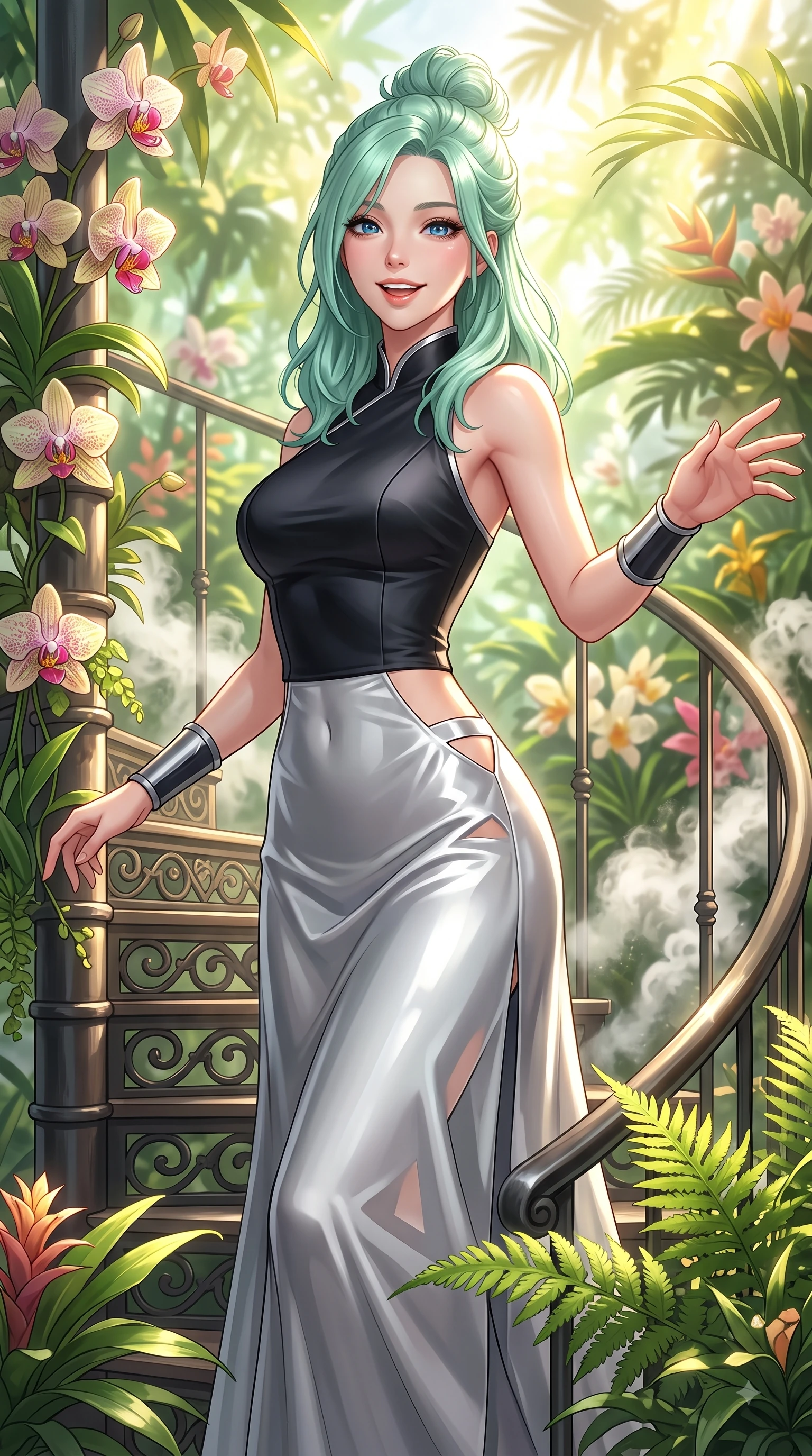 score_9, masterpiece, best quality, ultra-detailed, high-budget anime keyframe, editorial fashion photography, tasteful artistic composition, Japanese woman. close-up cowboy shot from the waist and thighs up, the character dominates the composition, filling the frame with her large presence, background elements kept in soft focus. Fresh enchanting smile, her eyes twinkling like jewels in the bright sunlight as one arm reaches out cheerfully while ascending a spiral iron staircase enveloped by sunlit tropical foliage and exotic orchids, swirling steam clouds from misting fountains adding a magical tropical humidity. She has an exceptionally elegant, slender, and willowy female figure with an ultra-slim waist, a gracefully sculpted slender torso, and a refined silhouette. sharp v-shaped jawline, high-bridge nose, intricate jewel-like eyes with depth, thick eyelashes, glossy lips with a natural sheen, flawlessly proportioned anatomical accuracy, natural body alignment, perfectly sculpted elegant limbs, clean dynamic posture without body distortion. wearing a modern fusion silk hanbok dress with a structured bodice and flowing skirt in matte black and polished silver, crafted from smooth liquid silk, featuring subtle geometric cutouts that highlight her ultra-slim midriff, the glove-like fit emphasizing her statuesque silhouette during motion. bathed in brilliant golden sunlight and fresh green botanical ambient glow. highly saturated vibrant anime colors, detailed shading with soft gradients, rich glossy textures, high-contrast stereoscopic depth, volumetric dynamic lighting, master piece, 9:16 ratio