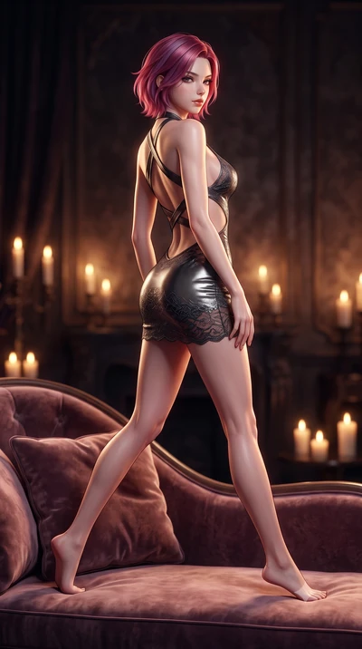 score_9, masterpiece, best quality, ultra-detailed, high-budget anime keyframe, semi-realistic 3D game render, editorial fashion photography, tasteful artistic composition, Caucasian woman. low angle full-body shot from head to toe showing her feet, 