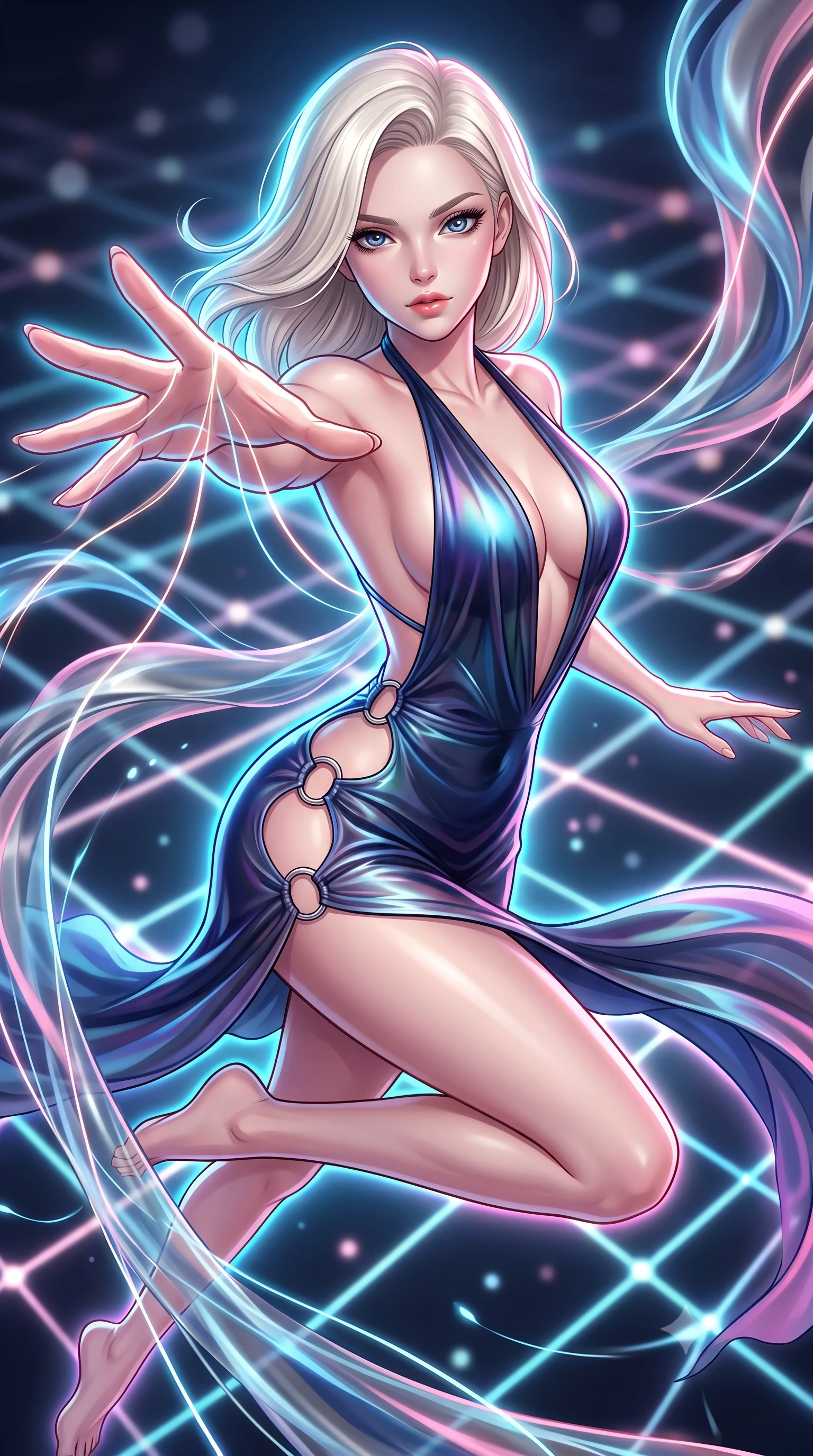 score_9, masterpiece, best quality, ultra-detailed, high-budget anime keyframe, editorial fashion photography, tasteful artistic composition, Caucasian woman. close-up cowboy shot from the waist and thighs up, the character dominates the composition, filling the frame with her large presence, background elements kept in soft focus. Reaching her hand gracefully toward the camera with magnetic allure, her torso turning in a dynamic S-curve alignment while leaping across a geometric light matrix with glowing filament threads fluttering behind her, translucent silk-like plasma streams swirling around her silhouette. She has an exceptionally elegant, slender, and willowy female figure with an ultra-slim waist, a gracefully sculpted slender torso, and a refined silhouette. sharp v-shaped jawline, high-bridge nose, intricate jewel-like eyes with depth, thick eyelashes, glossy lips with a natural sheen, flawlessly proportioned anatomical accuracy, natural body alignment, perfectly sculpted elegant limbs, clean dynamic posture without body distortion. wearing a deep-scoop halter bodycon dress with hip cutouts connected by silver rings in midnight navy blue and chrome trim, crafted from iridescent chiffon that shifts colors in the light, complemented by criss-cross back straps highlighting her bare shoulders, the glove-like fit emphasizing her statuesque silhouette during motion. surrounded by a vibrant fluorescent aura with bright specular rim lights. highly saturated vibrant anime colors, detailed shading with soft gradients, rich glossy textures, high-contrast stereoscopic depth, volumetric dynamic lighting, master piece, 9:16 ratio