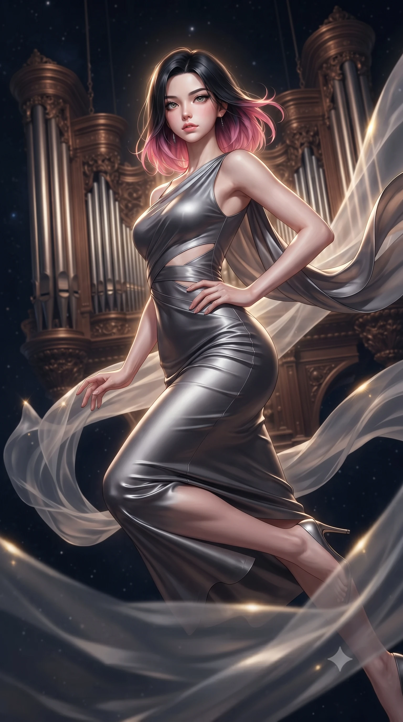 score_9, masterpiece, best quality, ultra-detailed, high-budget anime keyframe, editorial fashion photography, tasteful artistic composition, Korean woman. close-up cowboy shot from the waist and thighs up, the character dominates the composition, filling the frame with her large presence, background elements kept in soft focus. Holding a powerful dynamic pose with one hand on her hip and body angled dramatically toward the key light while leaping gracefully across massive bronze pipe organ tubes suspended in deep space, translucent silk drapes swirling in a dynamic cosmic wind vortex. She has an exceptionally elegant, slender, and willowy female figure with an ultra-slim waist, a gracefully sculpted slender torso, and a refined silhouette. sharp v-shaped jawline, high-bridge nose, intricate jewel-like eyes with depth, thick eyelashes, glossy lips with a natural sheen, flawlessly proportioned anatomical accuracy, natural body alignment, perfectly sculpted elegant limbs, clean dynamic posture without body distortion. wearing a precision-fitted liquid jersey bodycon dress with a graceful draped back in charcoal grey and platinum, crafted from lustrous satin jersey with fluid draping, featuring subtle geometric cutouts that highlight her ultra-slim midriff, the form-contouring material highlighting her ultra-slim waist and long lines. surrounded by a divine cosmic aura with bright golden specular rim lights. ultra-reflective glossy finish, specular highlights, metallic sheen, high-contrast stereoscopic depth, volumetric dynamic lighting, 2k, ultra detail, master piece, 9:16 ratio