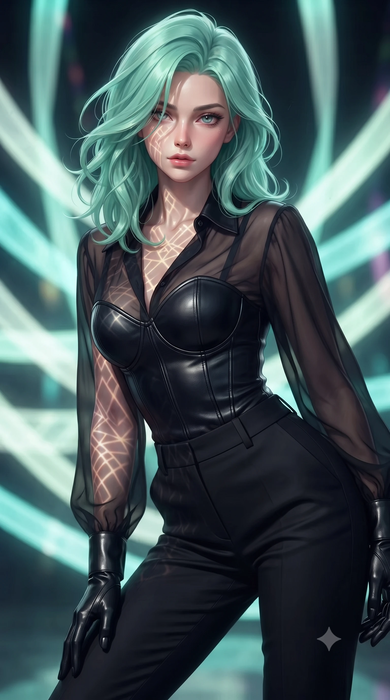 score_9, masterpiece, best quality, ultra-detailed, high-budget anime keyframe, editorial fashion photography, tasteful artistic composition, Japanese woman. close-up cowboy shot from the waist and thighs up, the character dominates the composition, filling the frame with her large presence, background elements kept in soft focus. Leaning slightly forward with a composed, seductive gaze under soft glowing light navigating a maze of glowing silk ribbons that pulse to a cosmic rhythm, intricate geometric lattice patterns of light projected onto her skin. She has an exceptionally elegant, slender, and willowy female figure with an ultra-slim waist, a gracefully sculpted slender torso, and a refined silhouette. sharp v-shaped jawline, high-bridge nose, intricate jewel-like eyes with depth, thick eyelashes, glossy lips with a natural sheen. wearing a tailored leather bustier over a sheer silk chiffon blouse with tailored slacks, the glove-like fit emphasizing her statuesque silhouette. surrounded by a vibrant fluorescent aura with bright rim highlights. ultra-reflective glossy finish, specular highlights, metallic sheen, high-contrast stereoscopic depth, volumetric dynamic lighting, 2k, ultra detail, master piece, 9:16 ratio