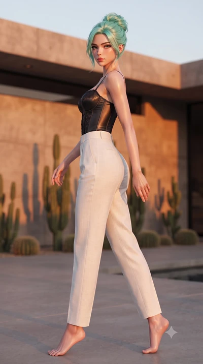 score_9, masterpiece, best quality, ultra-detailed, high-budget anime keyframe, editorial fashion photography, tasteful artistic composition, Japanese woman woman. low angle full-body shot from head to toe showing her feet, filling the entire 9:16 ve