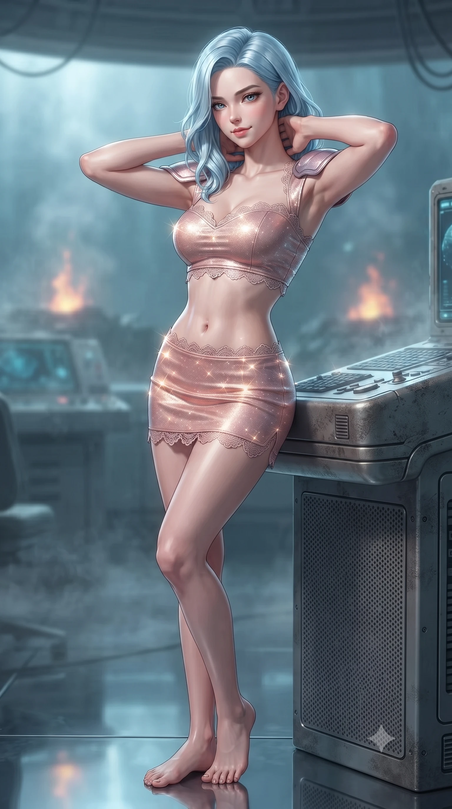 score_9, masterpiece, best quality, ultra-detailed, high-budget anime keyframe, editorial fashion photography, tasteful artistic composition, Korean woman. close-up cowboy shot from the waist and thighs up, the character dominates the composition, filling the frame with her large presence. resting both hands lightly behind her neck with elbows raised, arching her spine to highlight her narrow waist, flat midriff, and breathtaking collarbones while leaning against the titanium sonar console with hips cocked back, looking into the alien abyssal trench illuminated by hydrothermal mineral fires with smoldering bedroom-eyes. The background shows a soft-focus condensing humidity mist softened in Europa abyssal research base shallow focus. She has an exceptionally elegant, slender, and willowy female figure with an ultra-slim waist, flat toned midriff, narrow ribcage, and sculpted feminine hips creating an alluring, slim hourglass silhouette without bulk. sharp v-shaped jawline, high-bridge nose, intricate jewel-like sparkling eyes with depth, thick eyelashes, glossy parted lips with a natural peach sheen, bright cheerful beaming smile with an enchanting and coquettish sensual glint, exuding both youthful cute charm and seductive allure, flawlessly proportioned anatomical accuracy, strict slender model proportions, natural body alignment, perfectly sculpted long slender limbs, ultra-slim waistline, clean dynamic posture without body distortion. wearing an ultra-cropped tactical tech-wear bandeau top with molded shoulder armor paired with a micro mini skirt revealing her flat toned midriff in Solaris liquid rose-quartz and alien peach, woven from stretch metallic lurex jersey casting radiant starlight glints across her curves, finished with scalloped eyelash lace trim framing her sweetheart neckline with intimate elegance, the bespoke structured tailoring following the natural line of her 8.5-heads silhouette with refined elegance. illuminated by acrylic floor reflection bounce and sharp sapphire-cyan rim lights sculpting her razor-sharp jawline, narrow waist, and curvy hips. ultra-reflective glossy finish, specular highlights, rich textural contrasts, high-contrast stereoscopic depth, volumetric dynamic lighting, 2k, ultra detail, master piece, 9:16 ratio