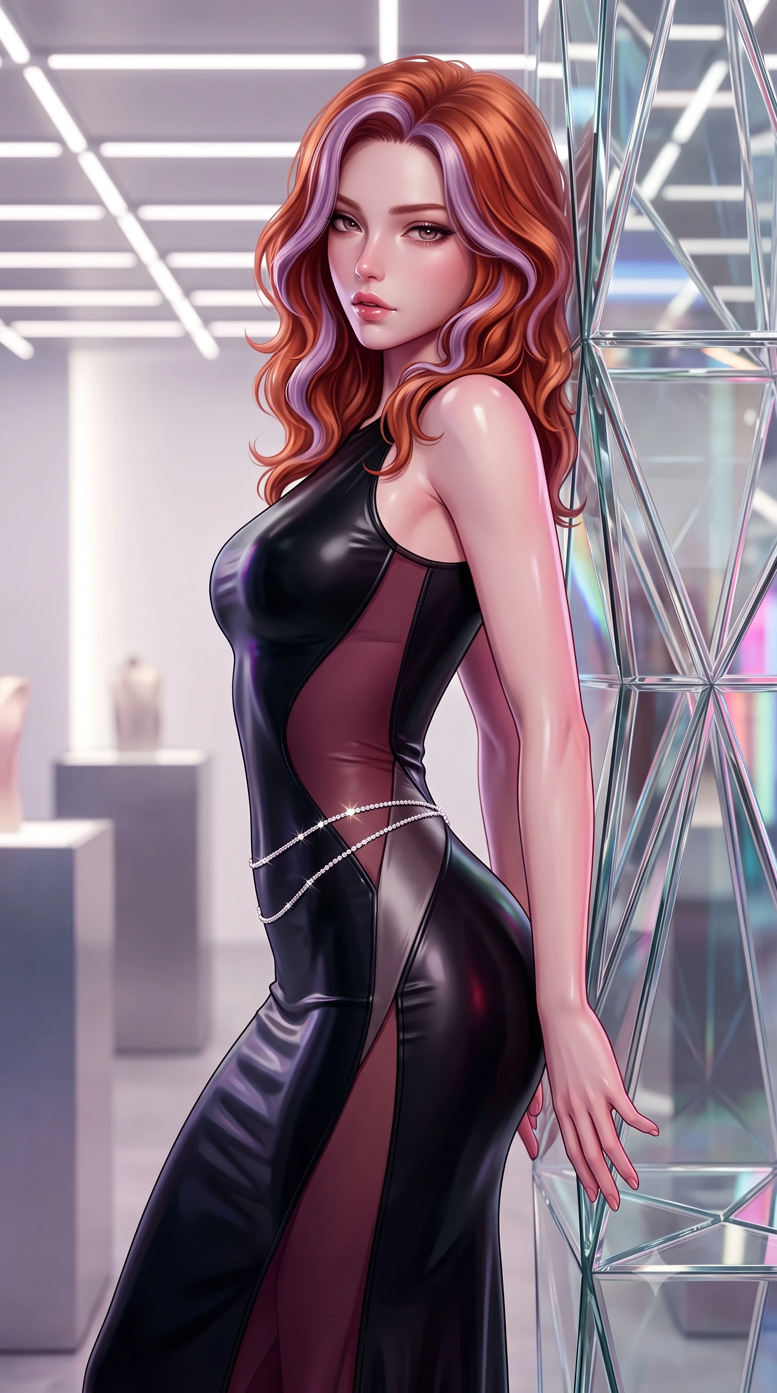 score_9, masterpiece, best quality, ultra-detailed, high-budget anime keyframe, semi-realistic 3D game render, editorial fashion photography, tasteful artistic composition, Caucasian woman. close-up cowboy shot from the waist and thighs up, the character dominates the composition, filling the frame with her large presence. twisting her slender torso in a deep contrapposto stance, hips dramatically shifted to accentuate her feminine curves while looking past her shoulder with smoldering bedroom-eyes while leaning against a multi-faceted crystalline glass pillar inspired by origami folds, arching her lower back with high-fashion sovereign poise. The composition keeps background elements in soft focus with creamy bokeh. minimalist fashion pedestals and linear ceiling lighting grids softened in ultra-chic editorial shallow focus. She has an exceptionally elegant, slender, and willowy female figure with an ultra-slim waist, flat toned midriff, narrow ribcage, and sculpted feminine hips creating an alluring, slim hourglass silhouette without bulk. sharp v-shaped jawline, high-bridge nose, intricate jewel-like eyes with depth, thick eyelashes, glossy parted lips with a natural sheen, intensely captivating and seductive bedroom-eyes expression, flawlessly proportioned anatomical accuracy, strict slender model proportions, natural body alignment, perfectly sculpted long slender limbs, ultra-slim waistline, clean dynamic posture without body distortion. wearing a second-skin black silk jersey maxi dress with asymmetrical sheer mesh side panels tracing the full curve of her hip in deep wine burgundy and brushed dark platinum, tailored from second-skin aerodynamic stretch vinyl with specular wet sheen, accented with a dainty diamond waist chain catching the ambient light reflections, the second-skin form-contouring cut accentuating her sculpted flat midriff, narrow delicate ribcage, and gracefully curvy hips with supermodel precision. bathed in pure, diffused designer architectural lighting and vibrant Tokyo street neon reflections. highly saturated vibrant anime colors, detailed shading with soft gradients, rich glossy textures, high-contrast stereoscopic depth, volumetric dynamic lighting, master piece, 9:16 ratio