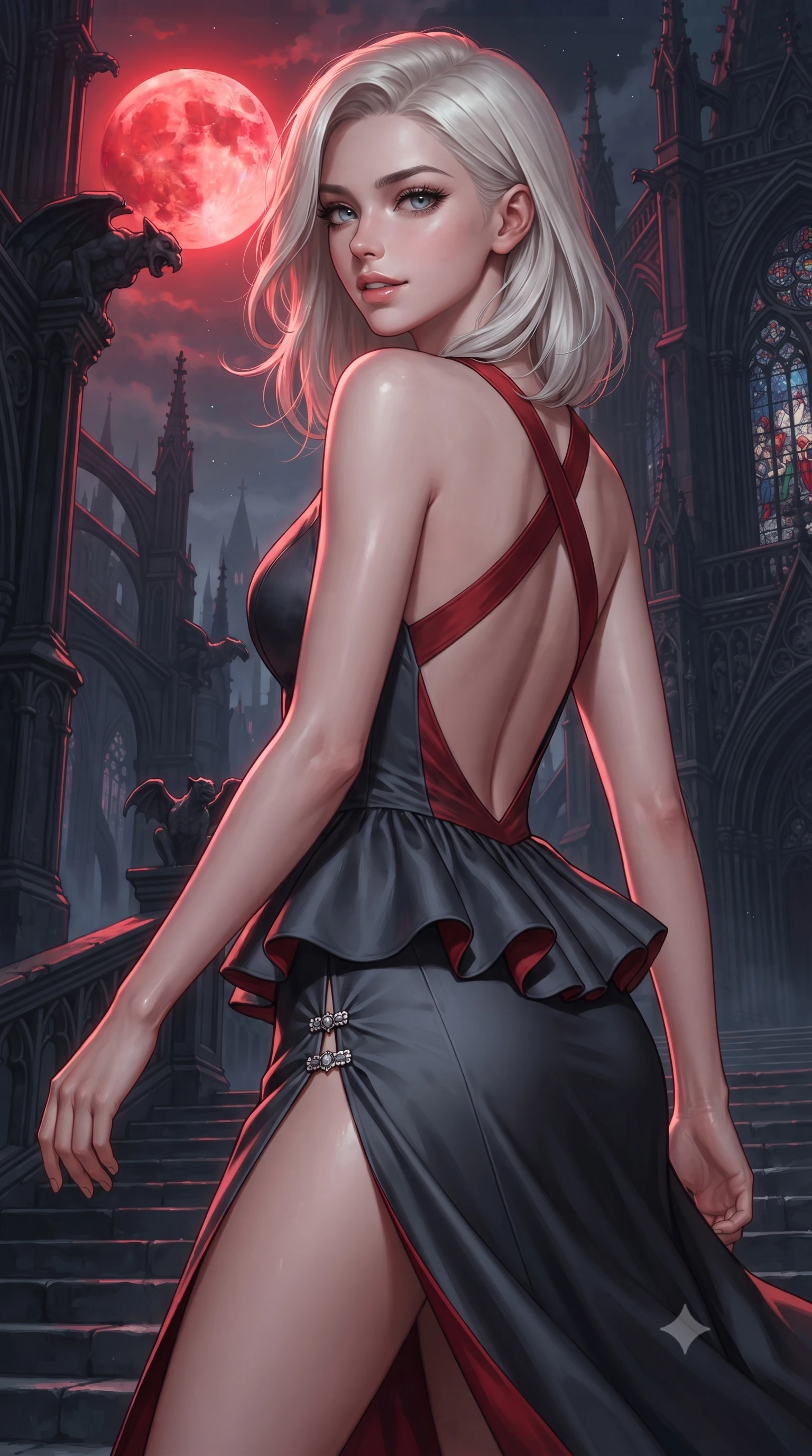 score_9, masterpiece, best quality, ultra-detailed, high-budget anime keyframe, editorial fashion photography, tasteful artistic composition, Caucasian woman. close-up cowboy shot from the waist and thighs up, the character dominates the composition, filling the frame with her large presence. turning over a bare shoulder with an intoxicating, teasing smile, her soft hair framing her sharp jawline as she looks back while descending the cold cathedral steps with fluid supermodel momentum, the night wind fluttering her dark drapery. The surrounding environment is rendered in vivid detail and crisp panoramic clarity. monumental high-contrast gothic chiaroscuro and sacred nocturnal architecture in sharp clarity. She has an exceptionally elegant, slender, and willowy female figure with an ultra-slim waist, a gracefully sculpted slender torso, toned flat midriff, and a refined slim silhouette. sharp v-shaped jawline, high-bridge nose, intricate jewel-like eyes with depth, thick eyelashes, glossy parted lips with a natural sheen, intensely captivating and seductive expression, flawlessly proportioned anatomical accuracy, strict slender model proportions, natural body alignment, perfectly sculpted long slender limbs, ultra-slim waistline, clean dynamic posture without body distortion. wearing an architectural peplum corset dress with crossed back straps and a high side slit in midnight slate and deep scarlet accents, made of fluid silk crepe with delicate inner corsetry boning, finished with an ultra-high side slit secured by miniature jeweled clasps, the dramatically scooped open back descending to the base of her spine, accentuating her razor-sharp statuesque lines and slim hourglass silhouette. bathed in surreal blood-red lunar eclipse backlighting and cool silver ambient fill. ultra-reflective glossy finish, specular highlights, rich textural contrasts, high-contrast stereoscopic depth, volumetric dynamic lighting, 2k, ultra detail, master piece, 9:16 ratio