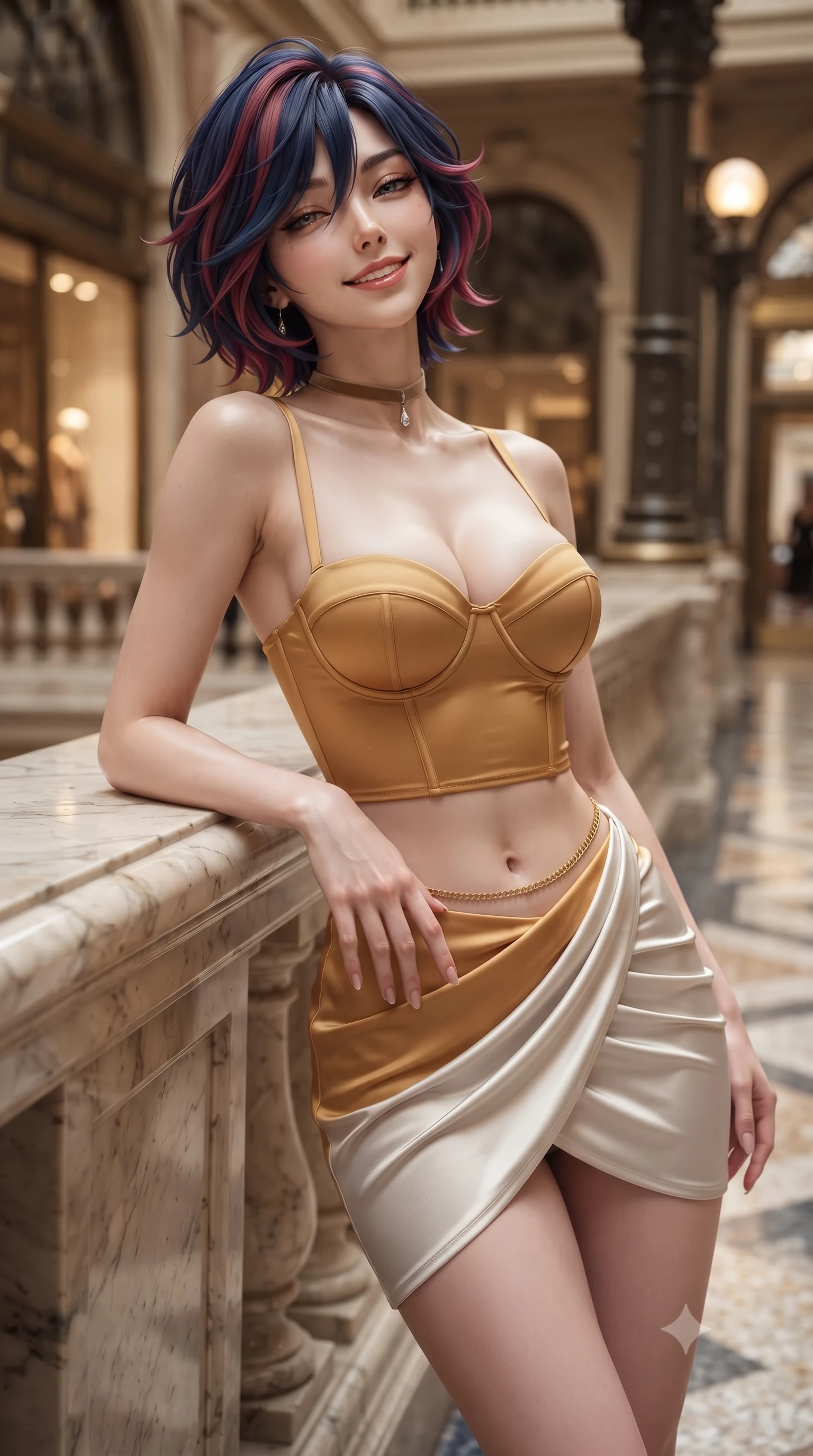 score_9, masterpiece, best quality, ultra-detailed, high-budget anime keyframe, editorial fashion photography, tasteful artistic composition, Korean woman. close-up cowboy shot from the waist and thighs up, the character dominates the composition, filling the frame with her large presence. leaning back against the balustrade with relaxed seductive grace, head tilted back slightly while casting a hypnotic, heavy-lidded gaze while striding down the polished marble corridor with tall model strides, one hand on her cinched hip as her tailored blazer dress sways. The surrounding environment is rendered in vivid detail and crisp panoramic clarity: sharp marble mosaic tile tesserae, polished brass storefront trim, and cast-iron arch rivets in deep focus. She has an exceptionally elegant, slender, and willowy female figure with an ultra-slim waist, flat toned midriff, narrow ribcage, and sculpted feminine hips creating an alluring, slim hourglass silhouette without bulk. sharp v-shaped jawline, high-bridge nose, intricate jewel-like sparkling eyes with depth, thick eyelashes, glossy parted lips with a natural peach sheen, bright cheerful beaming smile with an enchanting and coquettish sensual glint, exuding both youthful cute charm and seductive allure, flawlessly proportioned anatomical accuracy, strict slender model proportions, natural body alignment, perfectly sculpted long slender limbs, ultra-slim waistline, clean dynamic posture without body distortion. wearing a sculpted underwire demi-bustier in satin paired with an ultra-short draped wrap tulip skirt and gold hip chain in Dubai desert golden hour amber and pure starlight platinum, made of fluid liquid jersey with seamless sculpting hold and smooth contours, finished with a thin velvet ribbon choker and a single teardrop diamond pendant, the form-contouring silhouette accentuating her sculpted flat midriff, narrow delicate ribcage, and gracefully curvy hips with intoxicating allure. illuminated by polished mosaic floor reflection bounce and sharp champagne rim lights sculpting her features, flat midriff, and slender waist. ultra-reflective glossy finish, specular highlights, rich textural contrasts, high-contrast stereoscopic depth, volumetric dynamic lighting, 2k, ultra detail, master piece, 9:16 ratio