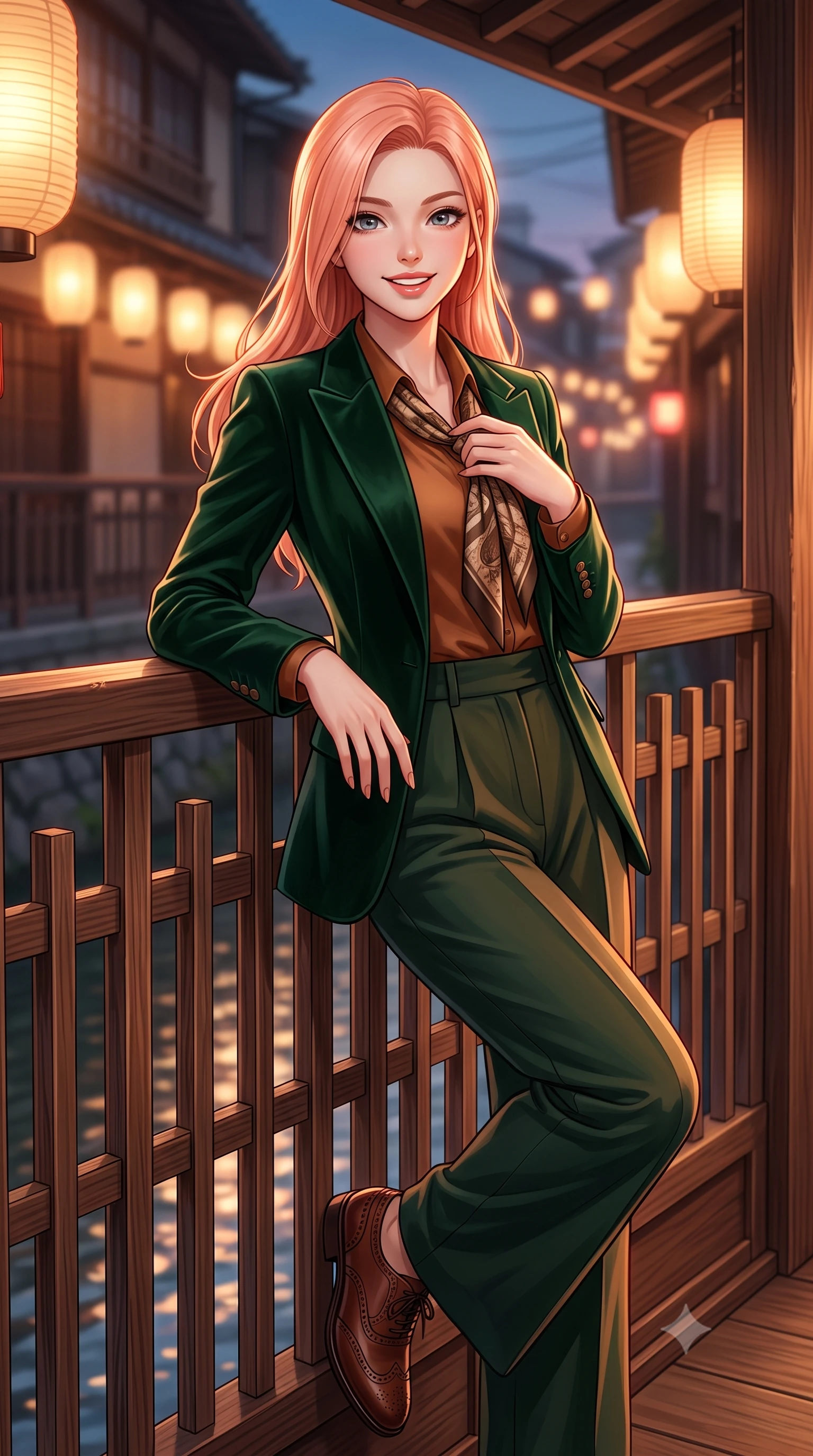 score_9, masterpiece, best quality, ultra-detailed, high-budget anime keyframe, semi-realistic 3D game render, editorial fashion photography, tasteful artistic composition, Japanese woman. close-up cowboy shot from the waist and thighs up, the character dominates the composition, filling the frame with her large presence. resting one hand gracefully on her tailored blazer lapel while looking into the camera with bright, sparkling eyes while leaning gently against the cedar lattice railing of the historic machiya balcony, one hand holding her scarf against the crisp evening breeze. The background shows a soft-focus warm paper lanterns along Gion alleyways softened in romantic Kyoto dusk shallow focus. She has an exceptionally elegant, slender, and willowy female figure with an ultra-slim waist, flat toned midriff, narrow ribcage, and sculpted feminine hips creating an alluring, slim hourglass silhouette without bulk. sharp v-shaped jawline, high-bridge nose, intricate jewel-like sparkling eyes with depth, thick eyelashes, glossy parted lips with a natural peach sheen, bright cheerful beaming smile with an enchanting and coquettish sensual glint, exuding both youthful cute charm and seductive allure, flawlessly proportioned anatomical accuracy, strict slender model proportions, natural body alignment, perfectly sculpted long slender limbs, ultra-slim waistline, clean dynamic posture without body distortion. wearing a chic tailored smoking jacket blazer paired with fluid pleated palazzo trousers and a silk blouse base in heritage British racing green and warm cognac brown, crafted from rich cotton velvet with deep light-absorbing pile and soft gradients, complemented by classic polished leather oxfords with brogue perforations, the streamlined silhouette following her natural slender proportions with sophisticated poise, enhancing her tall willowy presence. illuminated by river water specular reflection bounce and sharp copper-rose rim lights sculpting her jawline, narrow waist, and graceful model proportions. highly saturated vibrant anime colors, detailed shading with soft gradients, rich glossy textures, high-contrast stereoscopic depth, volumetric dynamic lighting, master piece, 9:16 ratio