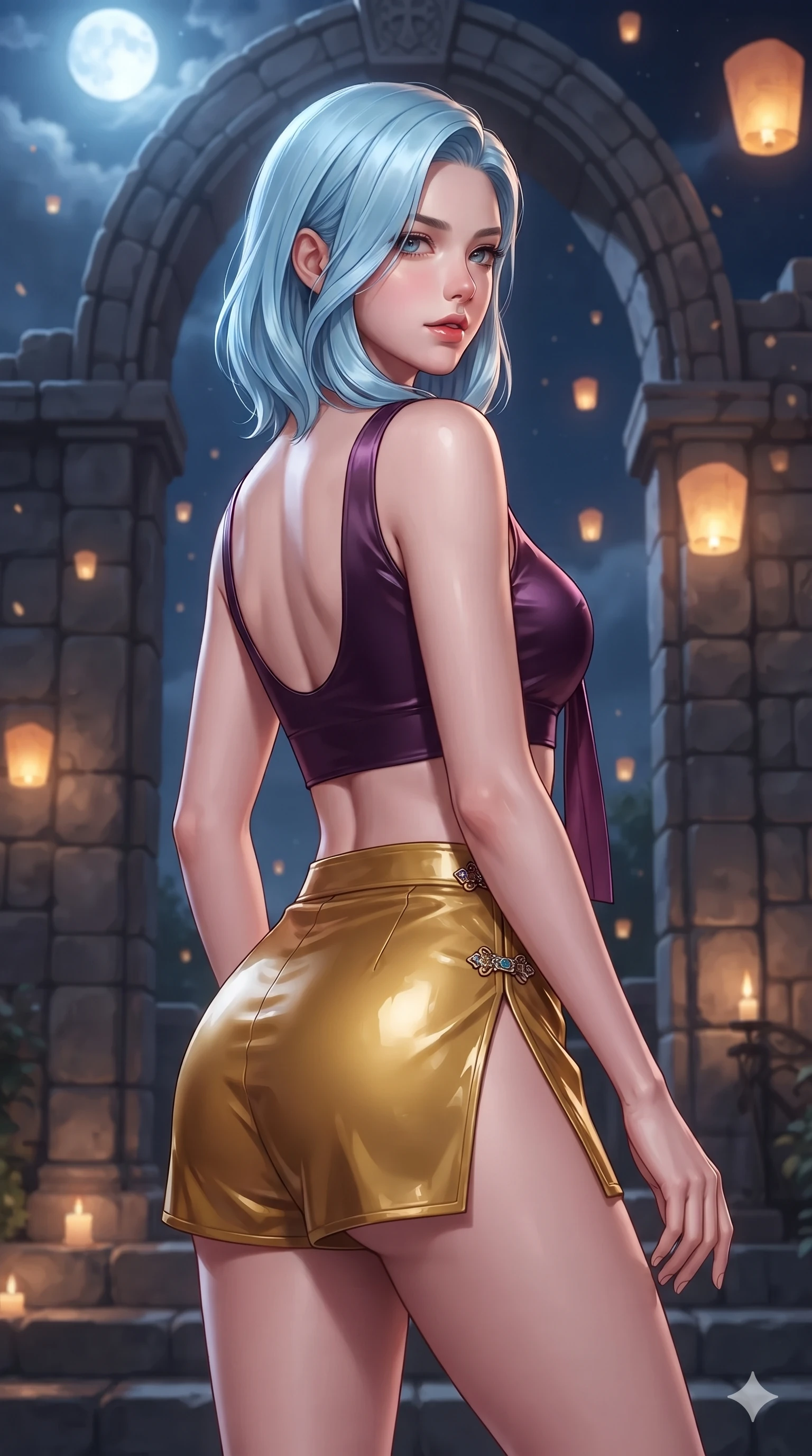 score_9, masterpiece, best quality, ultra-detailed, high-budget anime keyframe, editorial fashion photography, tasteful artistic composition, Korean woman. close-up cowboy shot from the waist and thighs up, the character dominates the composition, filling the frame with her large presence. posing in an alluring rear three-quarter angle, looking over a bare shoulder with parted glossy lips, her hips cocked back to highlight her slim hourglass curve while stepping gracefully over the arched stone crest, glancing back over a bare shoulder with an irresistible smoldering bedroom-gaze. The surrounding environment is rendered in vivid detail and crisp panoramic clarity: detailed wet-look vinyl bustier tailoring, sheer chiffon wrap trousers, and traditional stone masonry in razor-sharp precision. She has an exceptionally elegant, slender, and willowy female figure with an ultra-slim waist, flat toned midriff, narrow ribcage, and sculpted feminine hips creating an alluring, slim hourglass silhouette without bulk. sharp v-shaped jawline, high-bridge nose, sparkling eyes with hypnotic seductive depth, thick curled eyelashes, glossy parted lips with a natural dewy peach sheen, alluring bedroom-eyes with an enchanting coquettish smile, exuding magnetic siren charisma and sophisticated glamour, flawlessly proportioned anatomical accuracy, strict slender model proportions, natural body alignment, perfectly sculpted long slender limbs, ultra-slim waistline, clean dynamic posture without body distortion. wearing a liquid-look silk satin jeogori crop top with low-back scoop paired with high-slit wrap mini shorts in imperial gold and royal plum purple, crafted from wet-look high-gloss vinyl fabric with dazzling specular surface reflections, finished with an ultra-high side slit secured by miniature jeweled clasps, the impeccably tailored cut draping gracefully along her slender figure with aristocratic eastern poise. bathed in radiant celestial moonlight combined with floating candle lantern glows from the stream. ultra-reflective glossy finish, specular highlights, rich textural contrasts, high-contrast stereoscopic depth, volumetric dynamic lighting, 2k, ultra detail, master piece, 9:16 ratio