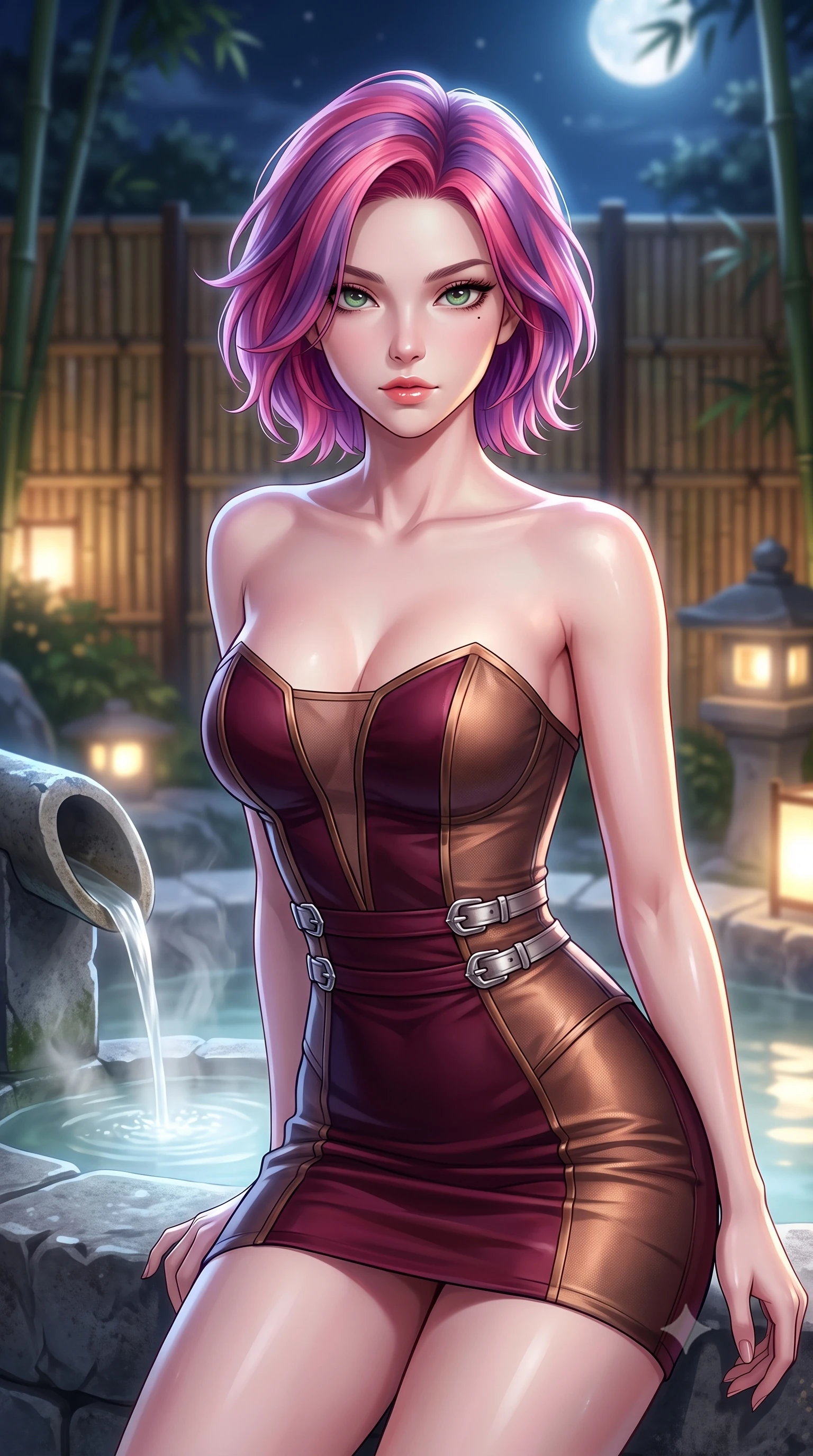 score_9, masterpiece, best quality, ultra-detailed, high-budget anime keyframe, editorial fashion photography, tasteful artistic composition, Caucasian woman. close-up cowboy shot from the waist and thighs up, the character dominates the composition, filling the frame with her large presence, background elements kept in soft focus. Leaning slightly forward with a composed, seductive gaze under soft glowing light standing near a stone water spout with gentle steam rising in a moonlit Japanese garden, bamboo partitions and stone lanterns casting peaceful organic shadows. She has an exceptionally elegant, slender, and willowy female figure with an ultra-slim waist, a gracefully sculpted slender torso, and a refined silhouette. sharp v-shaped jawline, high-bridge nose, intricate jewel-like eyes with depth, thick eyelashes, glossy lips with a natural sheen. wearing a modern fusion silk hanbok dress with a structured bodice in deep burgundy and bronze, woven from fine semi-opaque sheer organza, detailed with polished silver buckles along the waistline, the glove-like fit emphasizing her statuesque silhouette. surrounded by a tranquil, spa-like aura with soft specular highlights. highly saturated vibrant anime colors, detailed shading with soft gradients, rich glossy textures, high-contrast stereoscopic depth, volumetric dynamic lighting, master piece, 9:16 ratio