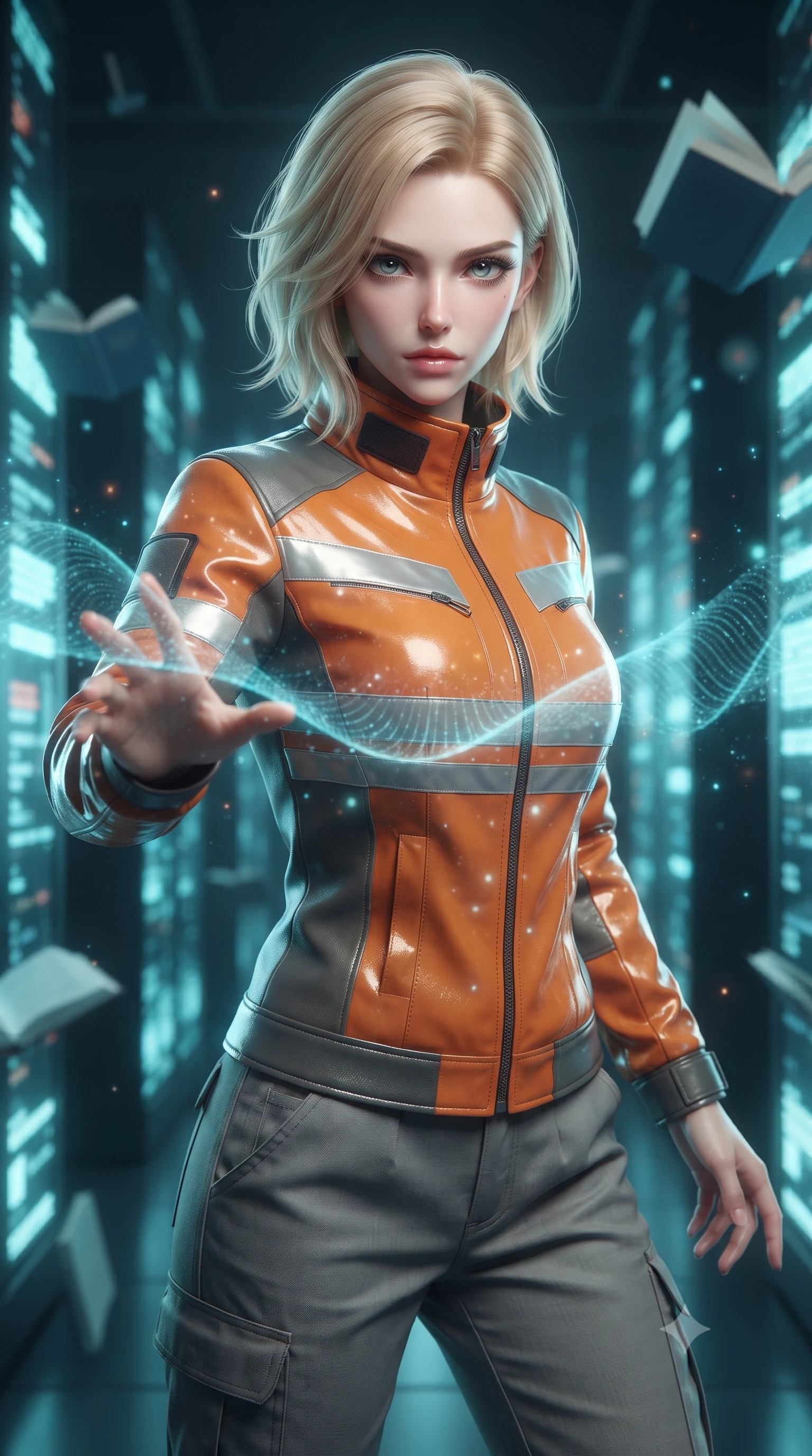 score_9, masterpiece, best quality, ultra-detailed, high-budget anime keyframe, editorial fashion photography, tasteful artistic composition, realistic cosplay photography, Caucasian woman, strictly human ears. close-up cowboy shot from the waist and thighs up, the character dominates the composition, filling the frame with her large presence, background elements kept in soft focus. Casting a digital tracking wave with an outstretched hand, her gaze locked on the escaping target. set against a soft-focus background of a futuristic archives hall with rows of glowing vertical data columns and floating digital books. She has an exceptionally elegant and slender, willowy female figure with an ultra-slim waist, a gracefully sculpted slender torso, and a refined slim physique. sharp v-shaped jawline, high-bridge nose, intricate jewel-like eyes with depth, thick eyelashes, glossy lips with a natural sheen. wearing catching and diffusing the glowing particles, shimmering softly in response to the surrounding light, a tailored space station engineer jacket in durable orange and grey panels, featuring reflective safety stripes and a high collar, paired with grey utility trousers. soft aqua bioluminescent light making her skin luminously glow against darkness. ultra-reflective glossy finish, specular highlights, metallic sheen, high-contrast stereoscopic depth, volumetric dynamic lighting, 2k, ultra detail, master piece, 9:16 ratio