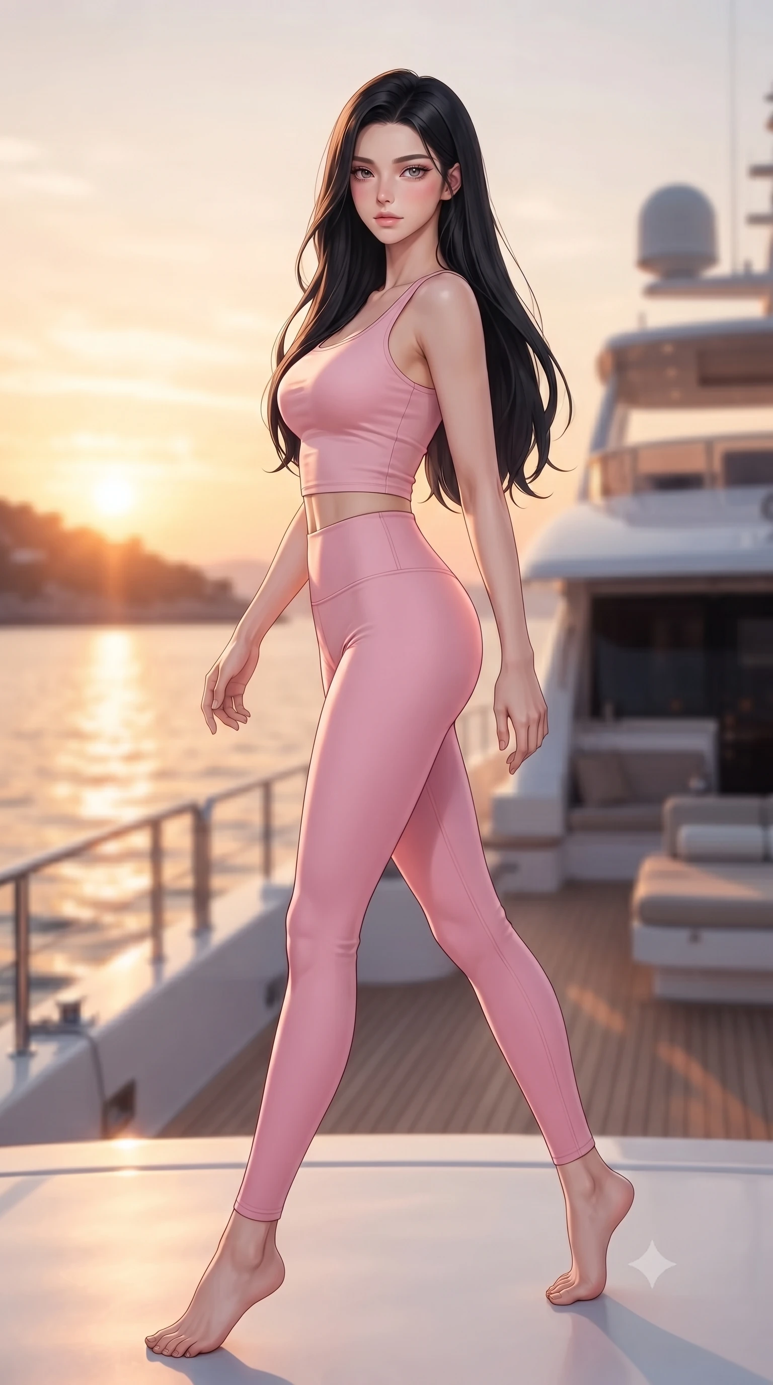 score_9, masterpiece, best quality, ultra-detailed, high-budget anime keyframe, editorial fashion photography, tasteful artistic composition, Korean woman. low angle full-body shot from head to toe showing her feet, filling the entire 9:16 vertical frame with her statuesque presence, stretching her vertical silhouette. stepping gracefully while looking back over her shoulder, her dress draped tightly to reveal her silhouette the background shows a soft-focus a luxury yacht deck anchored in a calm Mediterranean bay at sunset. She has an absolutely perfect, statuesque 8.5-heads proportion, an exceptionally tall and slender model-like female figure with impossibly long slender legs and an ultra-slim waist. sharp v-shaped jawline, high-bridge nose, intricate jewel-like eyes with depth, thick eyelashes, glossy lips with a natural sheen. wearing a slim-fit body-hugging light pink crop tank top paired with high-waisted tight-fitting leggings. warm orange and gold sunset light reflecting off the quiet sea surface. highly saturated vibrant anime colors, detailed shading with soft gradients, rich glossy textures, high-contrast stereoscopic depth, volumetric dynamic lighting, master piece, 9:16 ratio