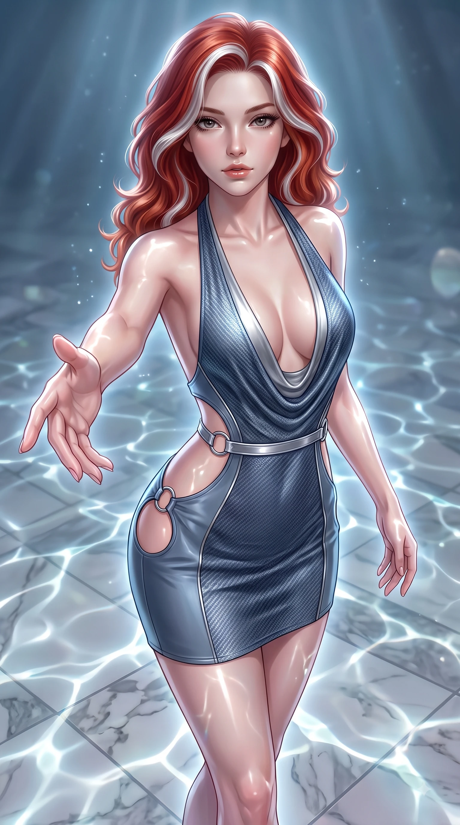 score_9, masterpiece, best quality, ultra-detailed, high-budget anime keyframe, editorial fashion photography, tasteful artistic composition, Caucasian woman. close-up cowboy shot from the waist and thighs up, the character dominates the composition, filling the frame with her large presence, background elements kept in soft focus. Reaching one arm gracefully toward the camera with magnetic poise, displaying her statuesque silhouette while gliding over a mosaic marble floor illuminated by shimmering underwater caustic ripples, gentle ocean currents swaying her lightweight attire in fluid underwater motions. She has an exceptionally elegant, slender, and willowy female figure with an ultra-slim waist, a gracefully sculpted slender torso, and a refined silhouette. sharp v-shaped jawline, high-bridge nose, intricate jewel-like eyes with depth, thick eyelashes, glossy lips with a natural sheen, flawlessly proportioned anatomical accuracy, natural body alignment, perfectly sculpted elegant limbs, clean dynamic posture without body distortion. wearing a deep-scoop halter bodycon dress with hip cutouts connected by silver rings in slate blue and metallic silver, made of fine carbon-fiber weave and soft matte leather, accented with delicate chrome ring hardware framing her waist, the elegant draped fit framing her graceful clavicle and slender torso. surrounded by a shimmering ocean aura with bright pearl-white specular rim lights. ultra-reflective glossy finish, specular highlights, metallic sheen, high-contrast stereoscopic depth, volumetric dynamic lighting, 2k, ultra detail, master piece, 9:16 ratio