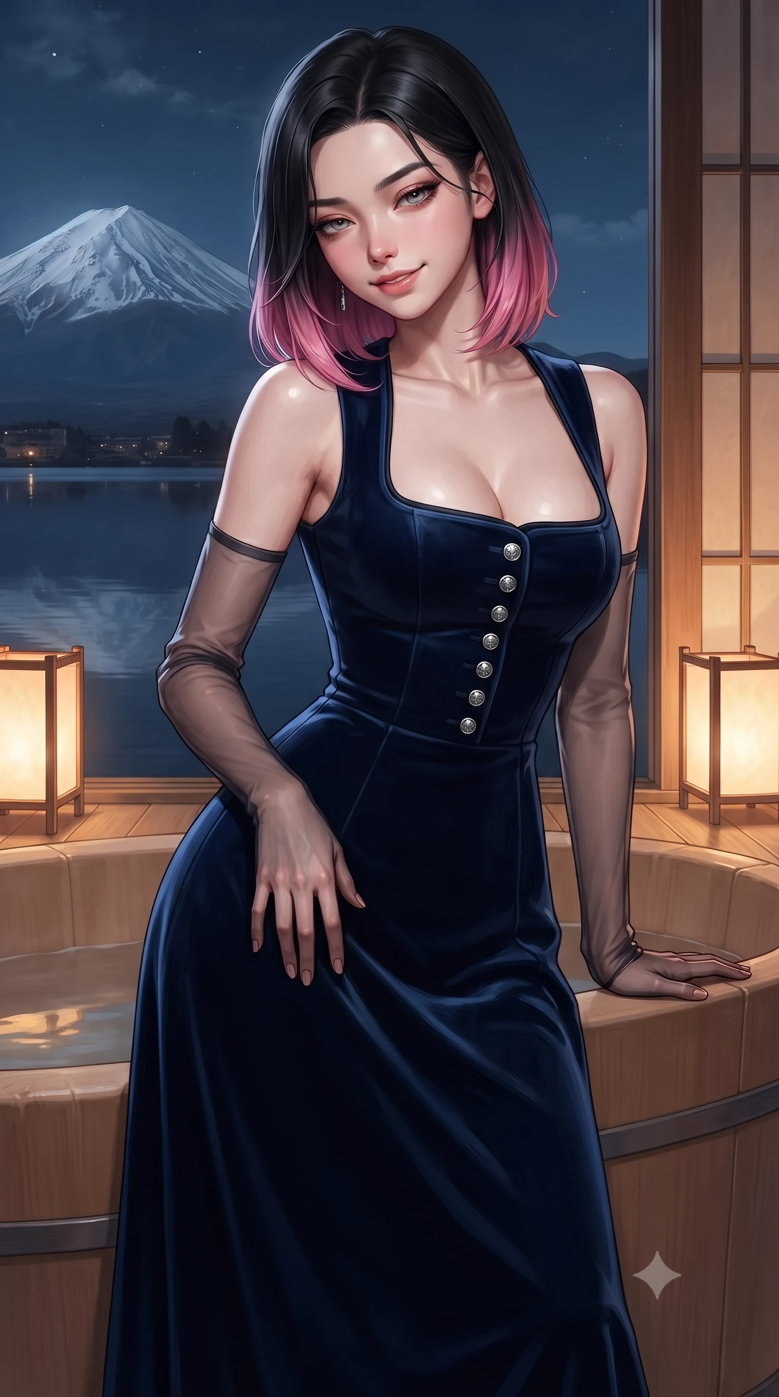 score_9, masterpiece, best quality, ultra-detailed, high-budget anime keyframe, editorial fashion photography, tasteful artistic composition, Korean woman. close-up cowboy shot from the waist and thighs up, the character dominates the composition, filling the frame with her large presence. tilting her head with a teasing half-smile, running one hand slowly down the side of her hip in a flirtatious S-curve as ambient light caresses her silhouette while leaning against the smooth aromatic cedar bath rim with hips cocked back, looking across the mirror-still lake with heavy-lidded bedroom-eyes. The surrounding environment is rendered in vivid detail and crisp panoramic clarity: detailed garment lines, wet cling or bodycon fit, and artisanal Japanese woodwork in razor-sharp precision. She has an exceptionally elegant, slender, and willowy female figure with an ultra-slim waist, flat toned midriff, narrow ribcage, and sculpted feminine hips creating an alluring, slim hourglass silhouette without bulk. sharp v-shaped jawline, high-bridge nose, intricate jewel-like sparkling eyes with depth, thick eyelashes, glossy parted lips with a natural peach sheen, bright cheerful beaming smile with an enchanting and coquettish sensual glint, exuding both youthful cute charm and seductive allure, flawlessly proportioned anatomical accuracy, strict slender model proportions, natural body alignment, perfectly sculpted long slender limbs, ultra-slim waistline, clean dynamic posture without body distortion. wearing a regal Bavarian Alpine velvet dirndl-inspired tailored evening gown with delicate silver heraldic buttons in Lake Tegernsee emerald glass and royal Bavarian navy, crafted from bespoke double-faced cashmere with an exceptionally soft tactile finish, complemented by sheer opera-length evening gloves tracing her slender arms, the bespoke structured tailoring following the natural line of her 8.5-heads silhouette with refined elegance. bathed in the warm 2500K glow of Japanese washi paper floor lanterns mixed with crisp silver moonlight on Mount Fuji's snows. ultra-reflective glossy finish, specular highlights, rich textural contrasts, high-contrast stereoscopic depth, volumetric dynamic lighting, 2k, ultra detail, master piece, 9:16 ratio