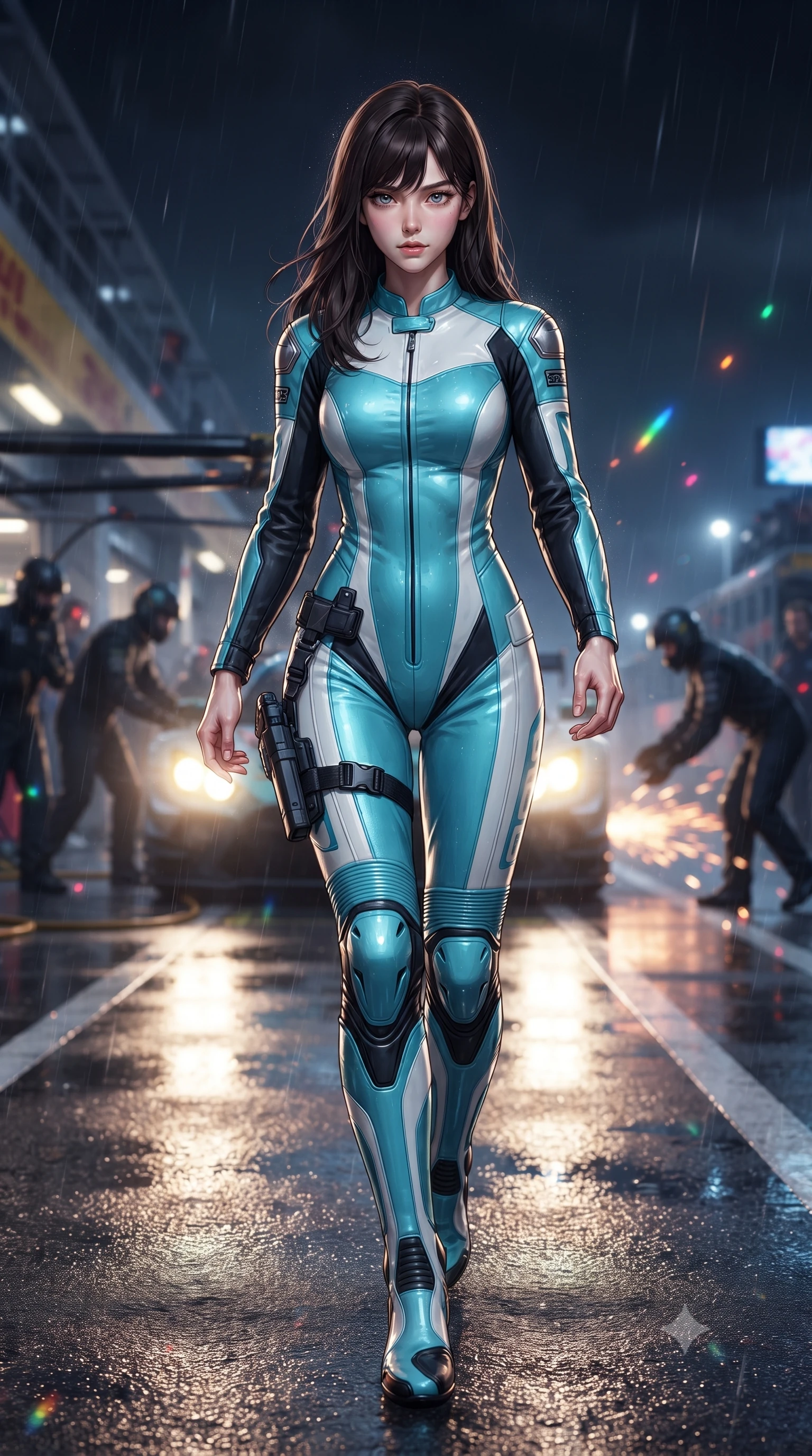 score_9, masterpiece, best quality, ultra-detailed, high-budget anime keyframe, editorial fashion photography, tasteful artistic composition, Korean woman. low angle full-body shot from head to toe showing her feet, filling the entire 9:16 vertical frame with her statuesque presence, stretching her vertical silhouette. sitting poised on the elevated edge with legs crossed and extended, her tall 8.5-heads proportions dominating the scene with effortless poise while striding dynamically along the wet pitlane pavement as incoming headlights cast long, cinematic specular reflections. The composition keeps background elements in soft focus with creamy bokeh. rain-slicked asphalt reflections and turbo exhaust sparks scattering vivid chromatic light motes. She has an absolutely perfect, statuesque 8.5-heads proportion, an exceptionally tall and slender model-like female figure with impossibly long slender legs, a toned flat midriff, and an ultra-slim waist. sharp v-shaped jawline, high-bridge nose, intricate jewel-like eyes with depth, thick eyelashes, glossy parted lips with a natural sheen, intensely captivating and seductive expression, flawlessly proportioned anatomical accuracy, strict slender model proportions, natural body alignment, perfectly sculpted long slender limbs, ultra-slim waistline, clean dynamic posture without body distortion. wearing a second-skin motocore bodysuit with bold racing stripes and ergonomic aerodynamic knee-high boots in racing aqua blue and stark white, tailored from abrasion-resistant Kevlar weave with glossy protective panels, equipped with a low-slung utility holster and racing telemetry smartwatch, the sleek tactical cut tightly hugging her graceful clavicle, narrow waist, and athletic curves with statuesque precision. illuminated by wet specular asphalt bounce lights sculpting her toned midriff, slender waist, and long legs. ultra-reflective glossy finish, specular highlights, rich textural contrasts, high-contrast stereoscopic depth, volumetric dynamic lighting, 2k, ultra detail, master piece, 9:16 ratio