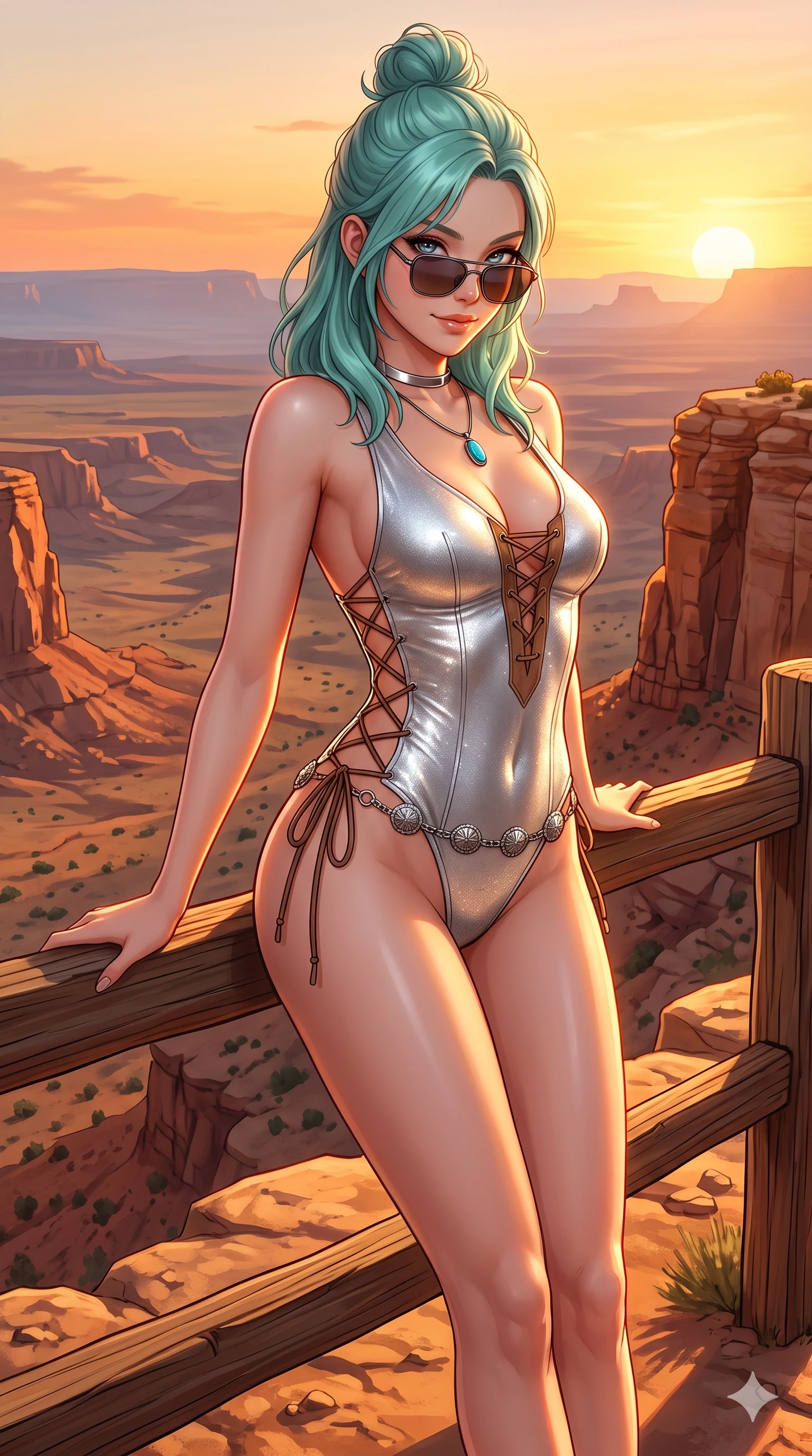 score_9, masterpiece, best quality, ultra-detailed, high-budget anime keyframe, semi-realistic 3D game render, editorial fashion photography, tasteful artistic composition, Japanese woman. close-up cowboy shot from the waist and thighs up, the character dominates the composition, filling the frame with her large presence. leaning against the timber guardrail with hips cocked back, looking through dark sunglasses with an alluring, confident half-smile while standing tall on the highest rock promontory, stretching her statuesque body as she arches her lower back to emphasize her sculpted feminine hips against the fiery sunset. The surrounding environment is rendered in vivid detail and crisp panoramic clarity: detailed plunging lace-up suede bustier tailoring, silver concho waist chain, and epic desert wilderness in razor-sharp precision. She has an exceptionally elegant, slender, and willowy female figure with an ultra-slim waist, flat toned midriff, narrow ribcage, and sculpted feminine hips creating an alluring, slim hourglass silhouette without bulk. sharp v-shaped jawline, high-bridge nose, sparkling eyes with hypnotic seductive depth, thick curled eyelashes, glossy parted lips with a natural dewy peach sheen, alluring bedroom-eyes with an enchanting coquettish smile, exuding magnetic siren charisma and sophisticated glamour, flawlessly proportioned anatomical accuracy, strict slender model proportions, natural body alignment, perfectly sculpted long slender limbs, ultra-slim waistline, clean dynamic posture without body distortion. wearing a low-slung cutaway leather biker bodysuit with bare hip flanks and criss-cross leather cord ties in shimmering silver mercury and sunlit pearl, woven from stretch metallic lurex jersey casting radiant starlight glints across her silhouette, finished with a minimalist chrome choker and a single turquoise stone pendant, the form-contouring material adhering flawlessly to her sculpted flat midriff and slender torso, emphasizing her long leg lines and perfectly proportioned willowy build. illuminated by sandstone cliff bounce and sharp vermilion-amber rim lights defining her razor-sharp jawline, narrow waist, and curvy hips. highly saturated vibrant anime colors, detailed shading with soft gradients, rich glossy textures, high-contrast stereoscopic depth, volumetric dynamic lighting, master piece, 9:16 ratio