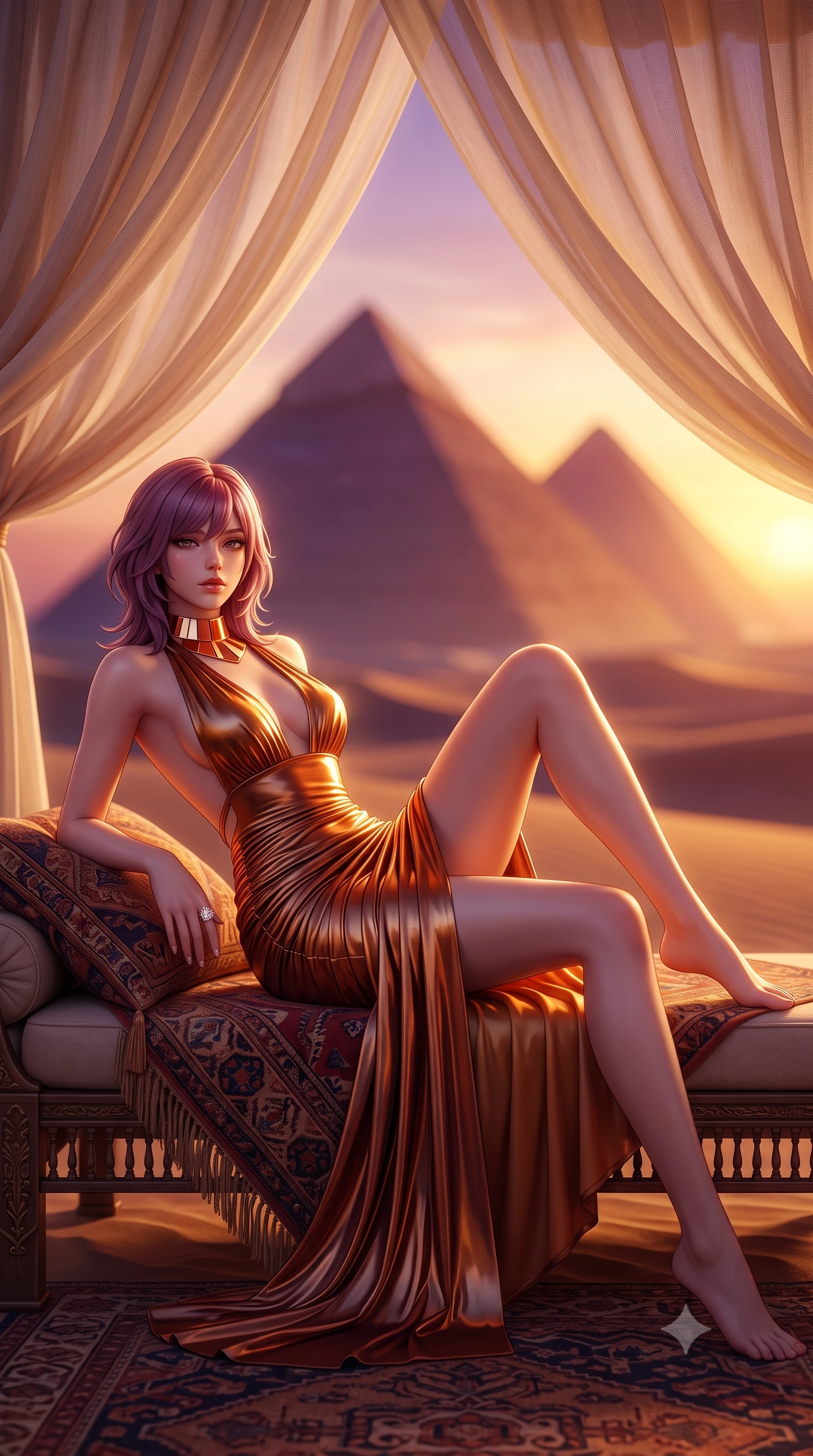 score_9, masterpiece, best quality, ultra-detailed, high-budget anime keyframe, semi-realistic 3D game render, editorial fashion photography, tasteful artistic composition, Japanese woman. low angle full-body shot from head to toe showing her feet, filling the entire 9:16 vertical frame with her statuesque presence, stretching her vertical silhouette. reclining on her side in an elegant Cleopatra pose with one knee drawn up, the dramatic contour of her rounded hips and long slender legs commanding the 9:16 vertical frame while reclining across a low daybed draped in Egyptian kilims under billowing linen canopies, arching her back as the Great Pyramids silhouette against an amber sky. The composition keeps background elements in soft focus with creamy bokeh. colossal geometric silhouettes of the Giza Pyramids and endless Sahara sand dunes blurred into glowing amber, violet, and terracotta bokeh. She has an exceptionally tall and slender model-like 8.5-heads proportion, an ultra-slim waist, a flat toned midriff, narrow delicate ribcage, and beautifully sculpted feminine hips creating a graceful, slim hourglass silhouette without any bulky heaviness, with impossibly long slender legs. sharp v-shaped jawline, high-bridge nose, intricate jewel-like eyes with depth, thick eyelashes, glossy parted lips with a natural sheen, intensely captivating and seductive bedroom-eyes expression, flawlessly proportioned anatomical accuracy, strict slender model proportions, natural body alignment, perfectly sculpted long slender limbs, ultra-slim waistline, clean dynamic posture without body distortion. wearing a plunging halter-neck metallic lamé column dress with a dramatic bare spine and hip-defining ruching in rich copper bronze and warm amber, tailored from second-skin aerodynamic stretch vinyl with specular wet sheen, complemented by a bold geometric choker and sparkling cocktail ring, the precision-cut side openings and low-back scoop framing her graceful spine and the sensual sweep of her slim, toned hips. bathed in breathtaking desert sunset backlighting in molten gold and deep violet tones. highly saturated vibrant anime colors, detailed shading with soft gradients, rich glossy textures, high-contrast stereoscopic depth, volumetric dynamic lighting, master piece, 9:16 ratio