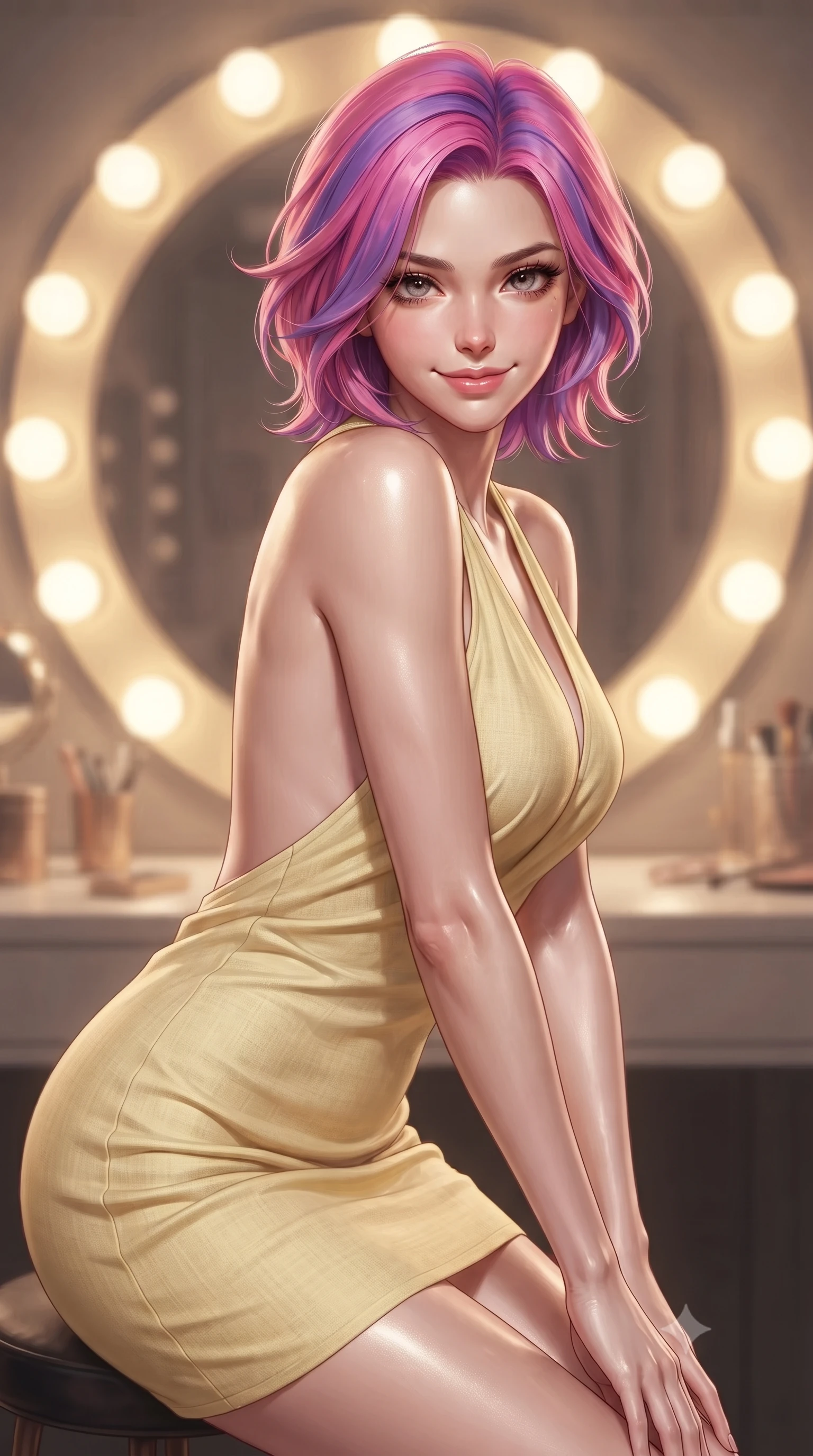 score_9, masterpiece, best quality, ultra-detailed, high-budget anime keyframe, editorial fashion photography, tasteful artistic composition, Caucasian woman. close-up cowboy shot from the waist and thighs up, the character dominates the composition, filling the frame with her large presence, background elements kept in soft focus. leaning slightly forward with a playful, teasing smile, her gaze locked onto the viewer the background shows a soft-focus a vintage dressing vanity room with a large mirror bordered by round lightbulbs. She has an exceptionally elegant, slender, and willowy female figure with an ultra-slim waist, a gracefully sculpted slender torso, and a refined silhouette. sharp v-shaped jawline, high-bridge nose, intricate jewel-like eyes with depth, thick eyelashes, glossy lips with a natural sheen. wearing a body-hugging backless summer sundress in pale yellow linen, showing her elegant shoulder blades. bright vanity spotlights casting detailed front lighting with soft back shadow. ultra-reflective glossy finish, specular highlights, metallic sheen, high-contrast stereoscopic depth, volumetric dynamic lighting, 2k, ultra detail, master piece, 9:16 ratio
