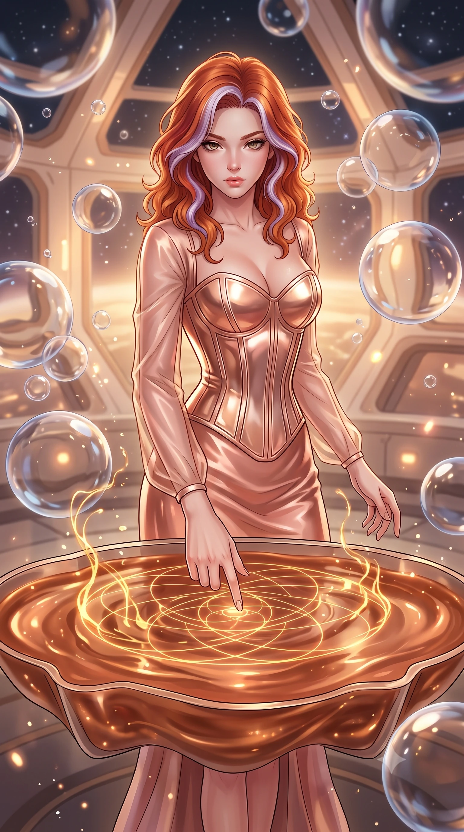 score_9, masterpiece, best quality, ultra-detailed, High-budget Anime Keyframe, Caucasian woman, strictly human ears. Low angle cowboy shot filling the entire 9:16 frame with her statuesque presence. Scenario 533: tracing geometric patterns in a pool of warm liquid copper inside a zero-gravity sanctuary filled with floating water spheres. Her presence is magnetic and overpowering in this high-budget anime scene. Outfit 533: a tailored rose-gold liquid silk corset dress with sheer sleeves and opaque panels. The clothing is designed to emphasize her exceptionally tall and slender 8-heads proportion. 8-heads proportion, towering silhouette, ultra-slim waist. sharp v-shaped jawline, intricate jewel-like eyes with depth, thick eyelashes, glossy lips. 2k, ultra detail, master piece, 9:16 ratio