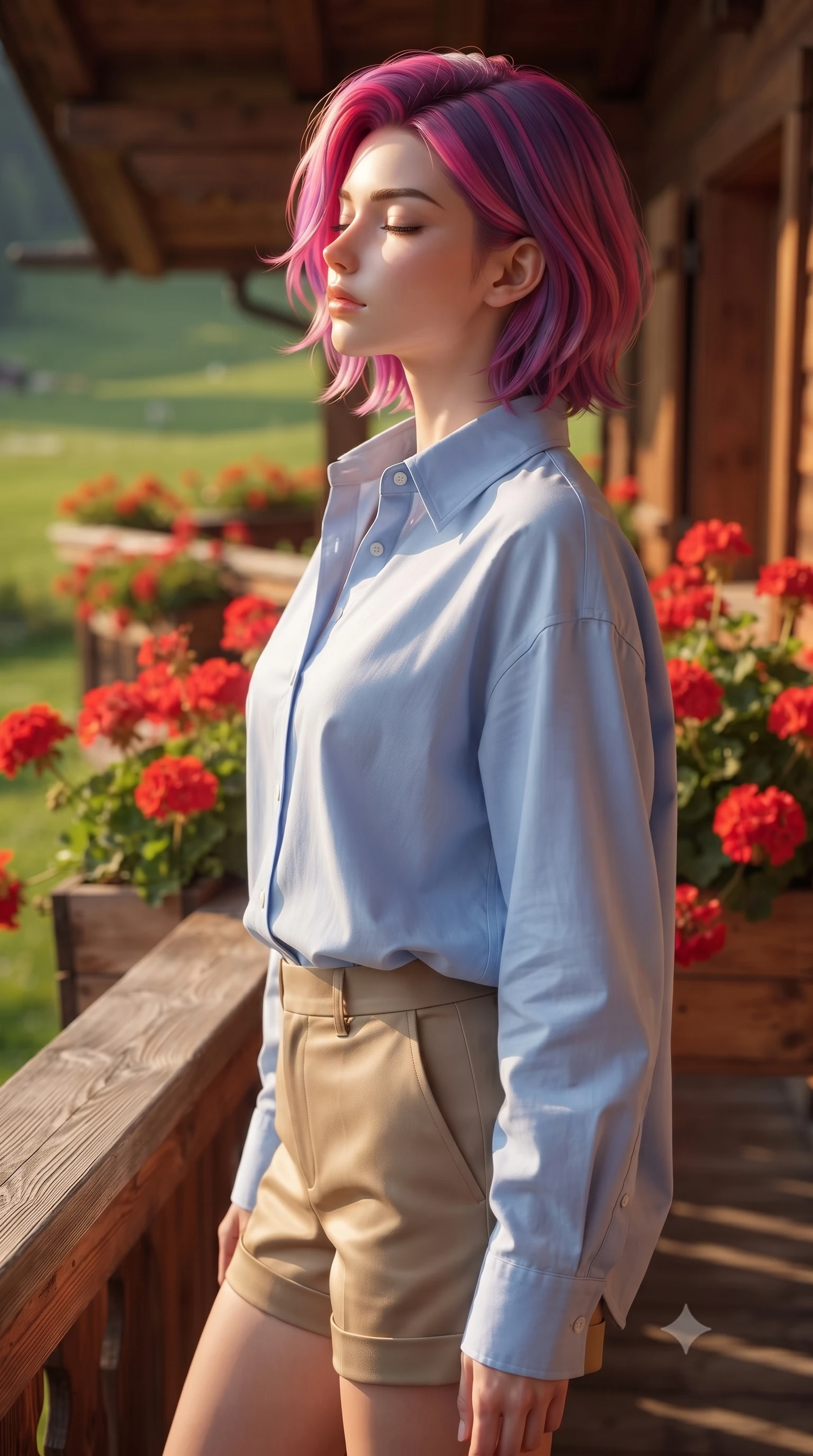 score_9, masterpiece, best quality, ultra-detailed, high-budget anime keyframe, editorial fashion photography, tasteful artistic composition, Caucasian woman woman. close-up cowboy shot from the waist and thighs up, the character dominates the composition, filling the frame with her large presence, background elements kept in soft focus. turning her face in profile to catch the warm sunlight on her cheek, eyes softly closed the background shows a soft-focus a wooden balcony of a Swiss chalet decorated with red geraniums, looking at green meadows. She has an exceptionally elegant, slender, and willowy female figure with an ultra-slim waist, a gracefully sculpted slender torso, and a refined silhouette. sharp v-shaped jawline, high-bridge nose, intricate jewel-like eyes with depth, thick eyelashes, glossy lips with a natural sheen. wearing a form-contouring oversized light blue cotton button-down shirt paired with tailored khaki shorts. warm afternoon sunbeams coloring the wooden beams and flowers in vivid tones. ultra-reflective glossy finish, specular highlights, metallic sheen, high-contrast stereoscopic depth, volumetric dynamic lighting, 2k, ultra detail, master piece, 9:16 ratio