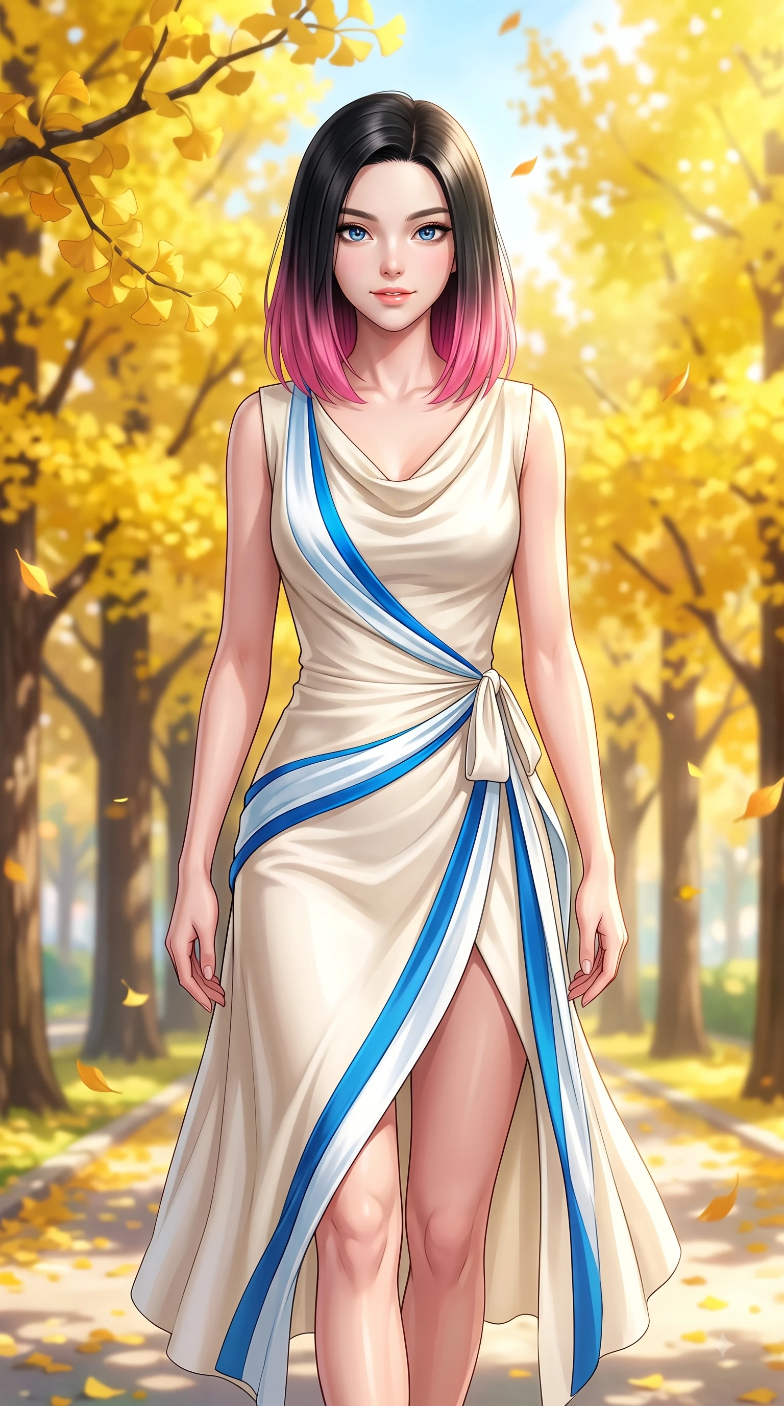 score_9, masterpiece, best quality, ultra-detailed, high-budget anime keyframe, editorial fashion photography, tasteful artistic composition, Korean woman. close-up cowboy shot from the waist and thighs up, the character dominates the composition, filling the frame with her large presence. Airy, translucent innocence with a soft subtle smile and a clear, pristine gaze into the lens while walking dynamically down a sunlit park avenue lined with golden yellow ginkgo trees. The composition keeps background elements in soft focus with dreamy bokeh. fluttering autumn leaves and sunlit park pathways softened in dreamy shallow depth. She has an exceptionally elegant, slender, and willowy female figure with an ultra-slim waist, a gracefully sculpted slender torso, and a refined silhouette. sharp v-shaped jawline, high-bridge nose, intricate jewel-like eyes with depth, thick eyelashes, glossy lips with a natural sheen, flawlessly proportioned anatomical accuracy, natural body alignment, perfectly sculpted elegant limbs, clean dynamic posture without body distortion. wearing an elegant ivory silk cowl-neck dress with fluid draped lines in electric azure blue and cloud white, tailored from structured wool crepe with clean lines, accented with a delicate side waist sash creating fluid lines, the form-contouring material accentuating her ultra-slim waist and long lines. illuminated by bright glowing yellow ambient light and clear sky refractions. highly saturated vibrant anime colors, detailed shading with soft gradients, rich glossy textures, high-contrast stereoscopic depth, volumetric dynamic lighting, master piece, 9:16 ratio