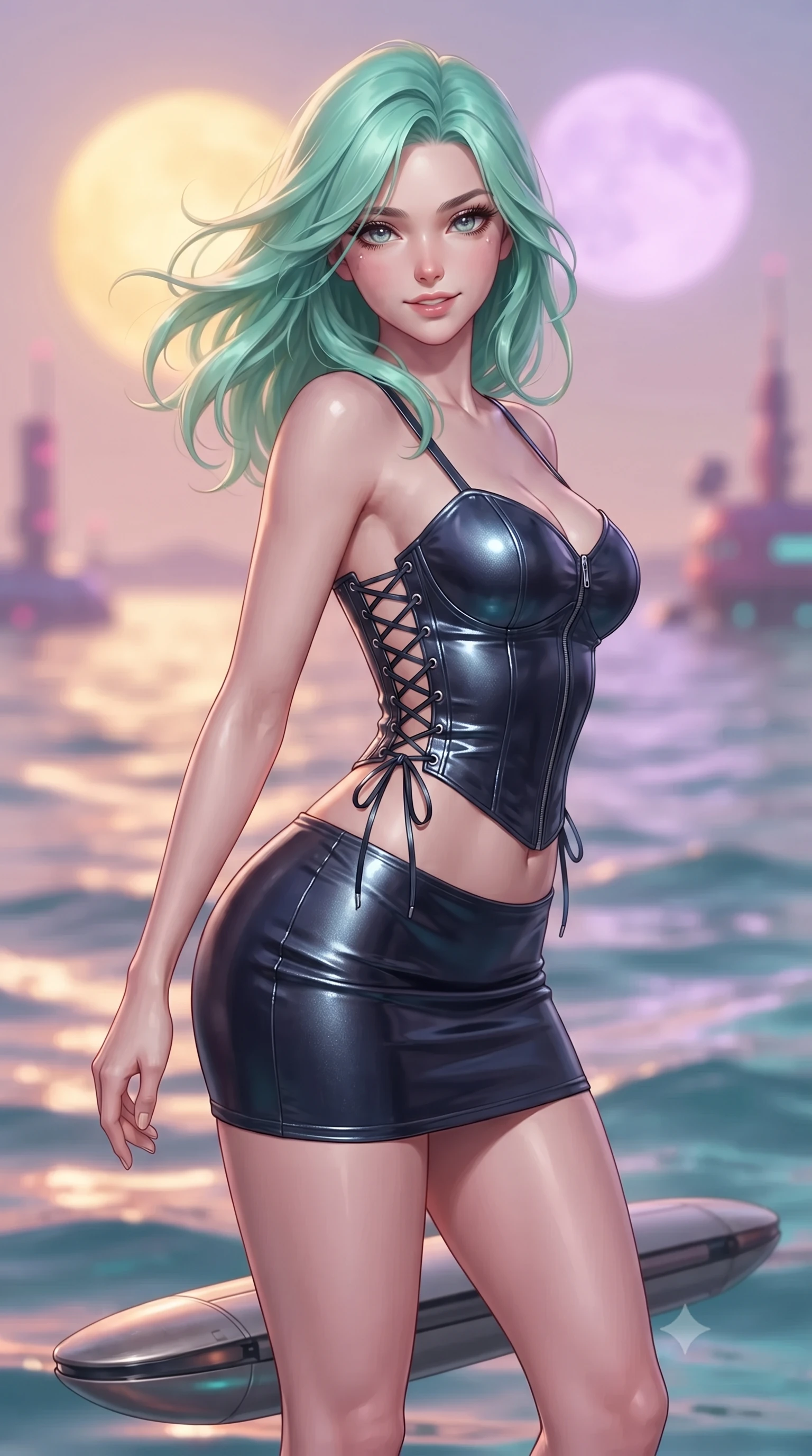 score_9, masterpiece, best quality, ultra-detailed, high-budget anime keyframe, editorial fashion photography, tasteful artistic composition, Japanese woman. close-up cowboy shot from the waist and thighs up, the character dominates the composition, filling the frame with her large presence. turning slowly with an enchanting smoldering smile, her glossy hair tossing in the breeze as her hips angle gracefully in a captivating contrapposto while standing poised on the aerodynamic titanium pontoon suspended over the iridescent waves of the sentient liquid ocean, arching her back with siren allure. The background shows a soft-focus undulating chromatic liquid sea waves shifting between rose-gold and cyan, twin setting suns on the alien horizon, and research station antennas blurred into magenta, peach, and aquamarine bokeh. She has an exceptionally elegant, slender, and willowy female figure with an ultra-slim waist, flat toned midriff, narrow ribcage, and sculpted feminine hips creating an alluring, slim hourglass silhouette without bulk. sharp v-shaped jawline, high-bridge nose, intricate jewel-like sparkling eyes with depth, thick eyelashes, glossy parted lips with a natural peach sheen, bright cheerful beaming smile with an enchanting and coquettish sensual glint, exuding both youthful cute charm and seductive allure, flawlessly proportioned anatomical accuracy, strict slender model proportions, natural body alignment, perfectly sculpted long slender limbs, ultra-slim waistline, clean dynamic posture without body distortion. wearing a sculpted satin cyber-corset with lace-up side ties paired with a low-rise micro skirt in liquid mercury chrome and deep midnight obsidian, crafted from stretch micro-mesh with liquid foil coating that shimmers with every movement, featuring fine criss-cross lace-up side ties revealing tantalizing glimpses of her hip curve, the liquid-tight tailored fabric clinging flawlessly to her narrow waist and rounded feminine hips, emphasizing every millimeter of her sculpted slim hourglass curves without any bulky heaviness. bathed in the surreal dual illumination of twin setting suns—one golden amber, one lavender rose. ultra-reflective glossy finish, specular highlights, rich textural contrasts, high-contrast stereoscopic depth, volumetric dynamic lighting, 2k, ultra detail, master piece, 9:16 ratio