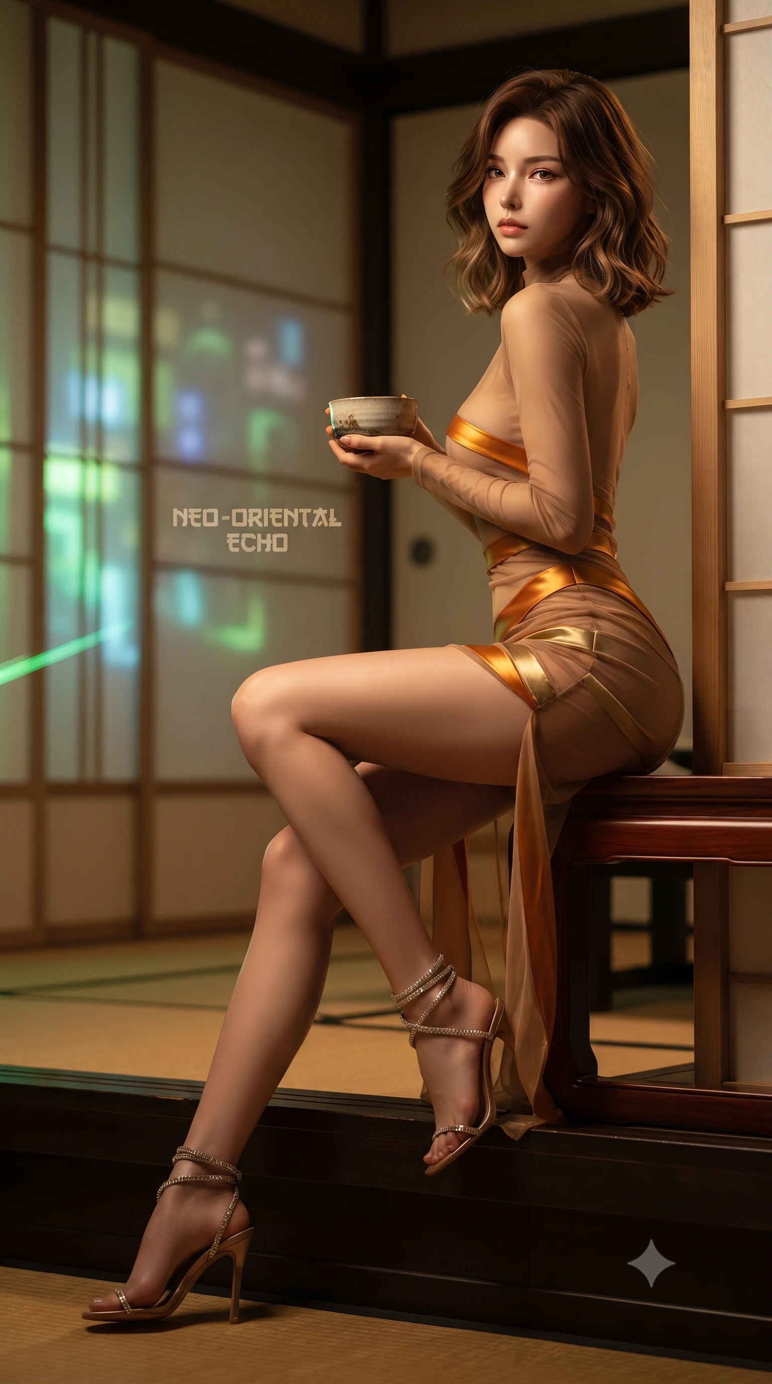 score_9, masterpiece, best quality, ultra-detailed, high-budget anime keyframe, editorial fashion photography, tasteful artistic composition, Korean woman. low angle full-body shot from head to toe showing her feet, filling the entire 9:16 vertical frame with her statuesque presence, stretching her vertical silhouette. walking along the terrace with poise, looking back over her bare shoulder with an irresistible smoldering bedroom-gaze while perched sideways on the lacquered pavilion threshold with legs extended, holding a modern ceramic tea bowl with dangerous coquettish cool. The background shows a soft-focus minimalist sliding shoji screens softened in neo-oriental cyberpunk shallow focus. She has an absolutely perfect, statuesque 8.5-heads proportion, an exceptionally tall and slender model-like female figure with impossibly long slender legs, an ultra-slim waist, a flat toned midriff, narrow delicate ribcage, and beautifully sculpted feminine hips creating a graceful, slim hourglass silhouette without any bulky heaviness. sharp v-shaped jawline, high-bridge nose, sparkling eyes with hypnotic seductive depth, thick curled eyelashes, glossy parted lips with a natural dewy peach sheen, alluring bedroom-eyes with an enchanting coquettish smile, exuding magnetic siren charisma and sophisticated glamour, flawlessly proportioned anatomical accuracy, strict slender model proportions, natural body alignment, perfectly sculpted long slender limbs, ultra-slim waistline, clean dynamic posture without body distortion. wearing a provocative high-neck sheer illusion cocktail dress with liquid satin ribbons contouring her curves in warm amber honey and antique gold leaf, made of semi-opaque stretch illusion mesh with soft shadowy contours, complemented by strappy stiletto sandals with crystal ankle wraps accentuating her slender calves, the liquid-tight tailored fabric clinging flawlessly to her narrow waist and rounded feminine hips, emphasizing every millimeter of her sculpted slim hourglass curves without any bulky heaviness. bathed in warm 2800K tea table downlighting mixed with vibrant green laser lattice accents and exterior neon fill. ultra-reflective glossy finish, specular highlights, rich textural contrasts, high-contrast stereoscopic depth, volumetric dynamic lighting, 2k, ultra detail, master piece, 9:16 ratio