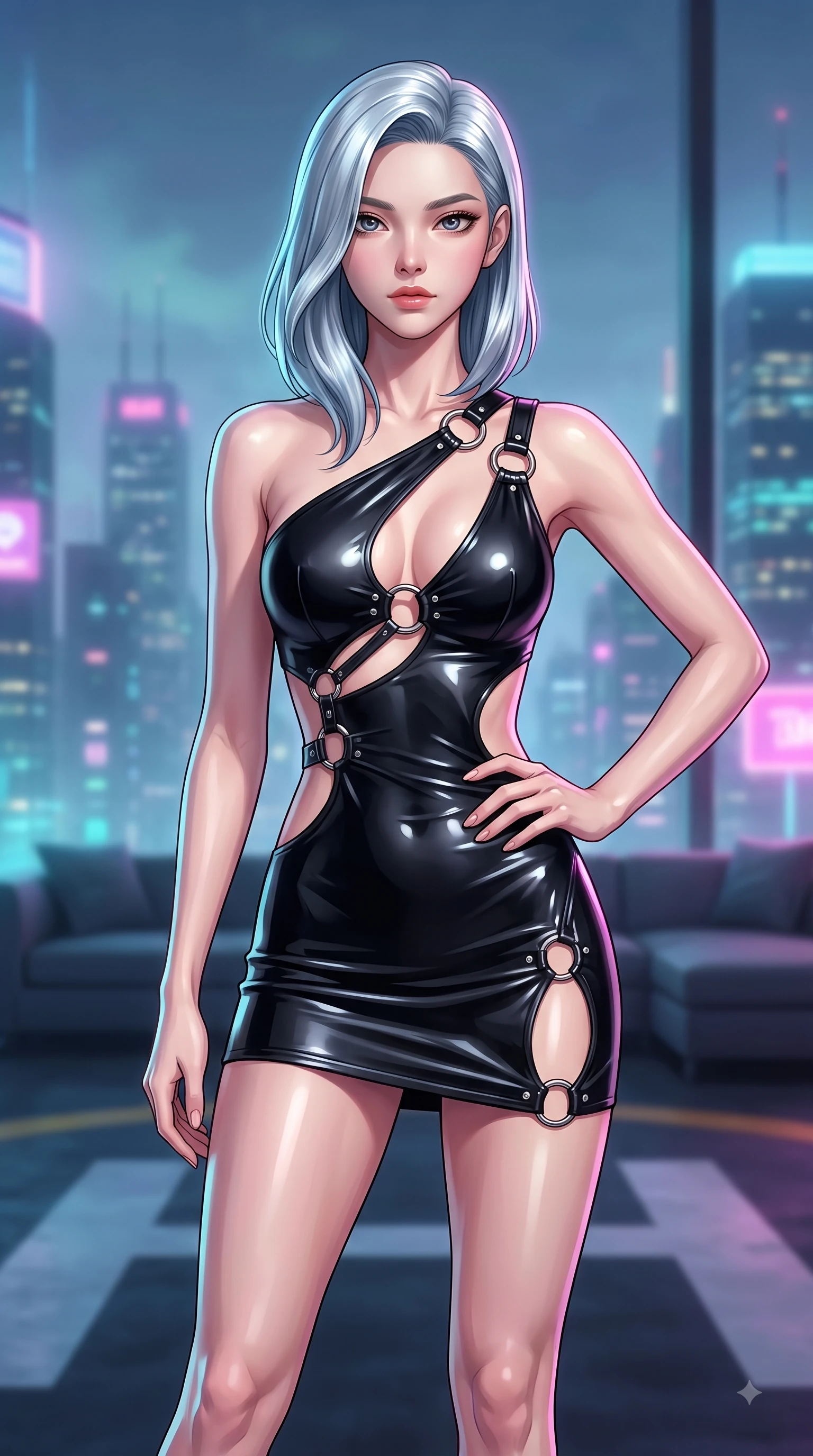 score_9, masterpiece, best quality, ultra-detailed, high-budget anime keyframe, editorial fashion photography, tasteful artistic composition, Korean woman woman. close-up cowboy shot from the waist and thighs up, the character dominates the composition, filling the frame with her large presence, background elements kept in soft focus. She has an exceptionally elegant, slender, and willowy female figure with an ultra-slim waist, a gracefully sculpted slender torso, and a refined silhouette. holding a confident power pose with one hand on her hip, looking directly into the camera with quiet self-assurance, flawlessly proportioned anatomical accuracy, natural body alignment, perfectly sculpted elegant limbs, clean dynamic posture without body distortion. set against a soft-focus background of a penthouse helipad lounge overlooking a misty neon skyline. wearing an asymmetric cut-out mini dress in matte black latex with silver ring accents. bathed in vibrant city skyline night lights casting sleek specular reflections. highly saturated vibrant anime colors, detailed shading with soft gradients, rich glossy textures, high-contrast stereoscopic depth, volumetric dynamic lighting, master piece, 9:16 ratio