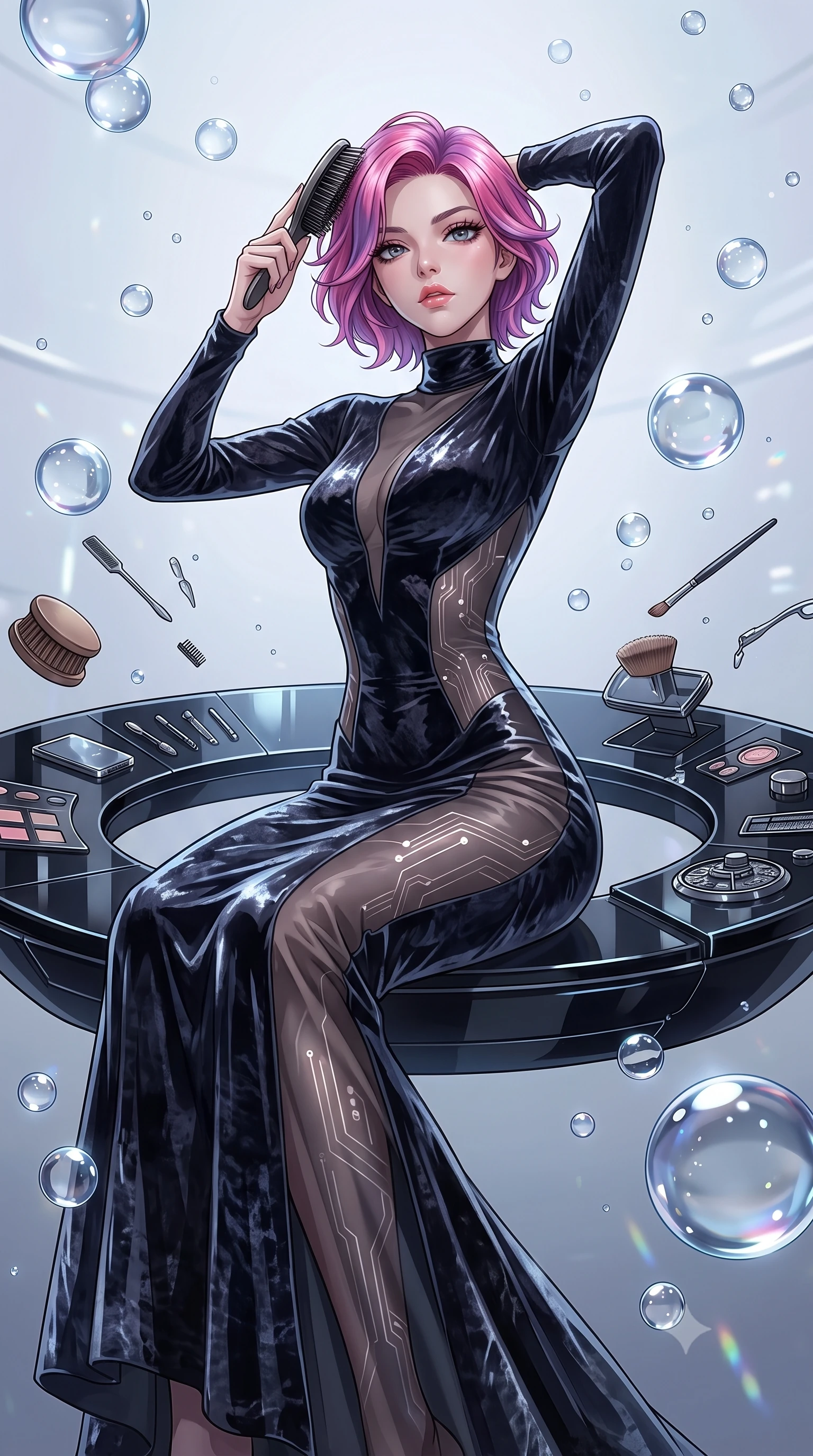 score_9, masterpiece, best quality, ultra-detailed, High-budget Anime Keyframe, Caucasian woman, strictly human ears. Low angle cowboy shot filling the entire 9:16 frame with her statuesque presence. Scenario 259: brushing her hair while seated before a vanity of black glass in a zero-gravity sanctuary filled with floating water spheres. Her presence is magnetic and overpowering in this high-budget anime scene. Outfit 259: a tailored crushed dark velvet long with a sheer panels and wet-look texture. The clothing is designed to emphasize her exceptionally tall and slender 8-heads proportion. 8-heads proportion, towering silhouette, ultra-slim waist. sharp v-shaped jawline, intricate jewel-like eyes with depth, thick eyelashes, glossy lips. 2k, ultra detail, master piece, 9:16 ratio
