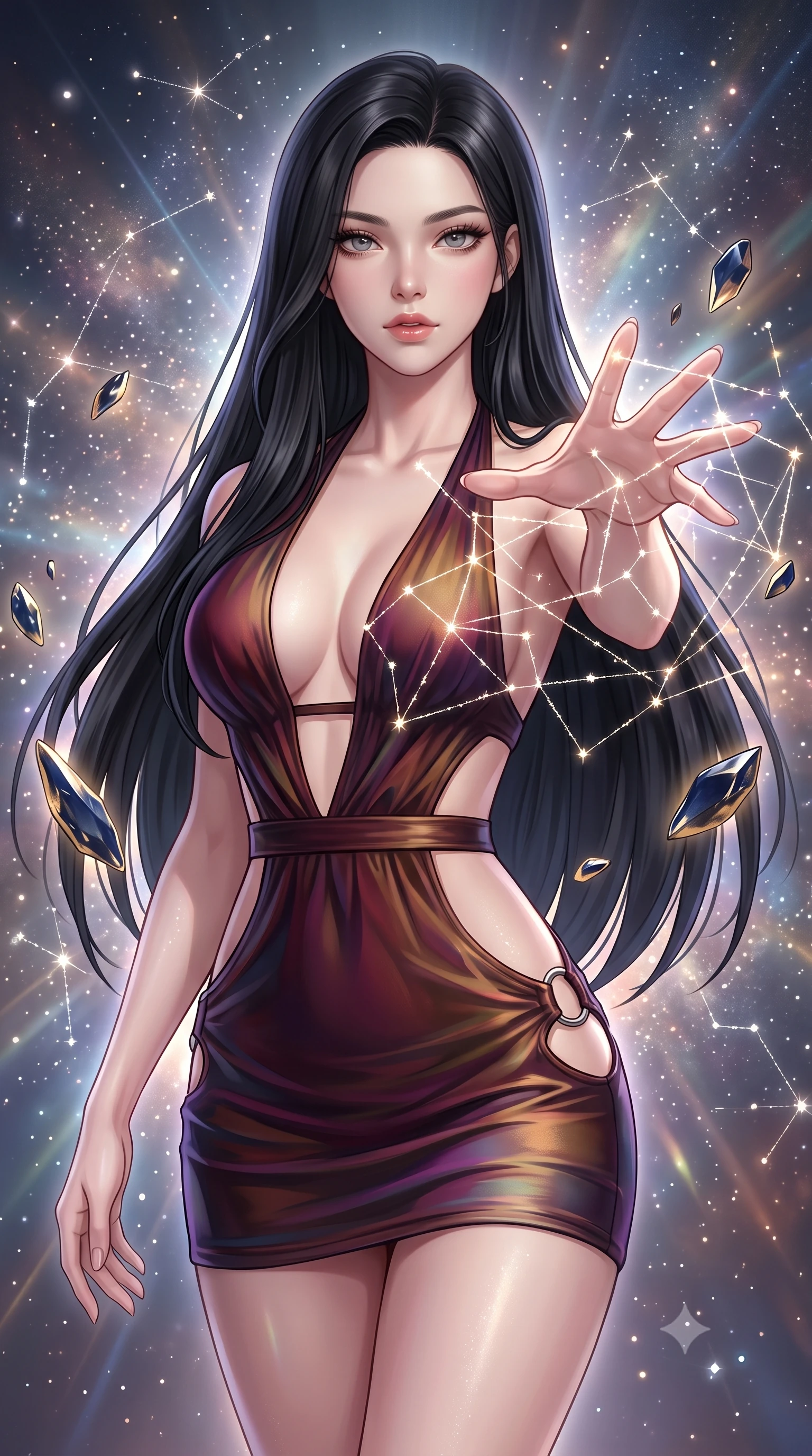 score_9, masterpiece, best quality, ultra-detailed, high-budget anime keyframe, editorial fashion photography, tasteful artistic composition, Korean woman. close-up cowboy shot from the waist and thighs up, the character dominates the composition, filling the frame with her large presence, background elements kept in soft focus. Reaching one hand gracefully toward the viewer with effortless superiority and allure navigating a constellation map woven from starlight threads, floating meteor shards reflecting deep navy and gold hues. She has an exceptionally elegant, slender, and willowy female figure with an ultra-slim waist, a gracefully sculpted slender torso, and a refined silhouette. sharp v-shaped jawline, high-bridge nose, intricate jewel-like eyes with depth, thick eyelashes, glossy lips with a natural sheen. wearing a deep-scoop halter bodycon dress with hip cutouts connected by silver rings in deep burgundy and bronze, crafted from iridescent chiffon that shifts colors in the light, featuring clean architectural cutouts along her slender torso, the form-contouring material highlighting her ultra-slim waist and long lines. surrounded by a glowing aura of starlight and shimmering celestial rays. highly saturated vibrant anime colors, detailed shading with soft gradients, rich glossy textures, high-contrast stereoscopic depth, volumetric dynamic lighting, master piece, 9:16 ratio