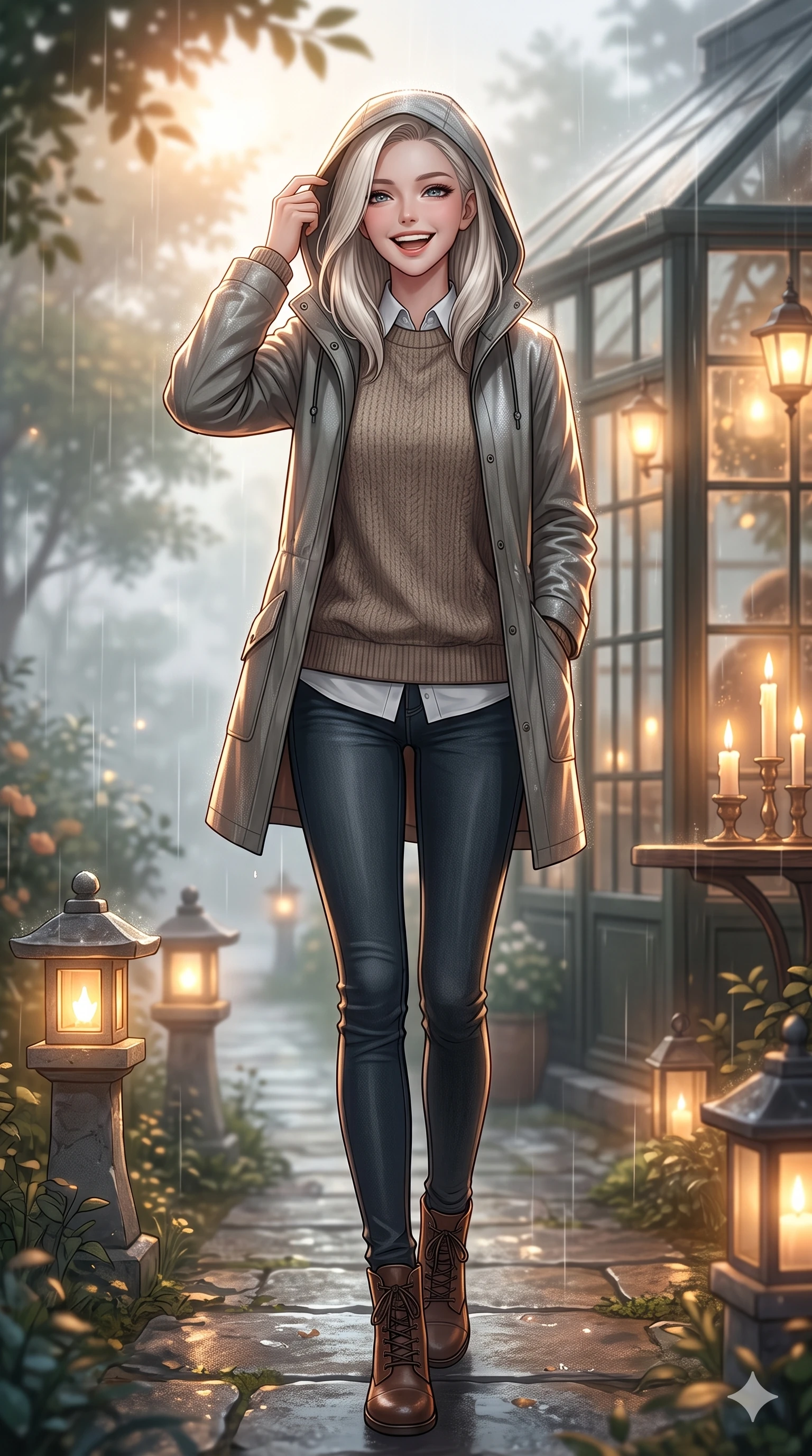 score_9, masterpiece, best quality, ultra-detailed, high-budget anime keyframe, vibrant anime aesthetic, Caucasian woman, strictly human ears. low angle full-body shot from head to toe showing her feet, filling the entire 9:16 vertical frame with her statuesque presence, stretching her vertical silhouette. She is adjusting her stylish raincoat hood, laughing with a radiant face, with a warm and inviting look surrounded by fresh morning mist. by a quiet garden pavilion pathway lined with glowing stone lanterns in a soft rain (Code-P22-029). She has an absolutely perfect 8-heads proportion, an exceptionally tall and slender female figure with impossibly long slender legs and an ultra-slim waist. V-shaped jawline, high-bridge nose, intricate jewel-like eyes with depth, thick eyelashes, glossy lips with a natural sheen. wearing an oversized warm sweater over a collared shirt and skinny jeans with stylish boots. She is illuminated by warm candlelight and soft gaslight from a cozy greenhouse cafe, tracing the elegant lines of her shoulders during a refreshing sun shower. 2k, ultra detail, master piece, 9:16 ratio