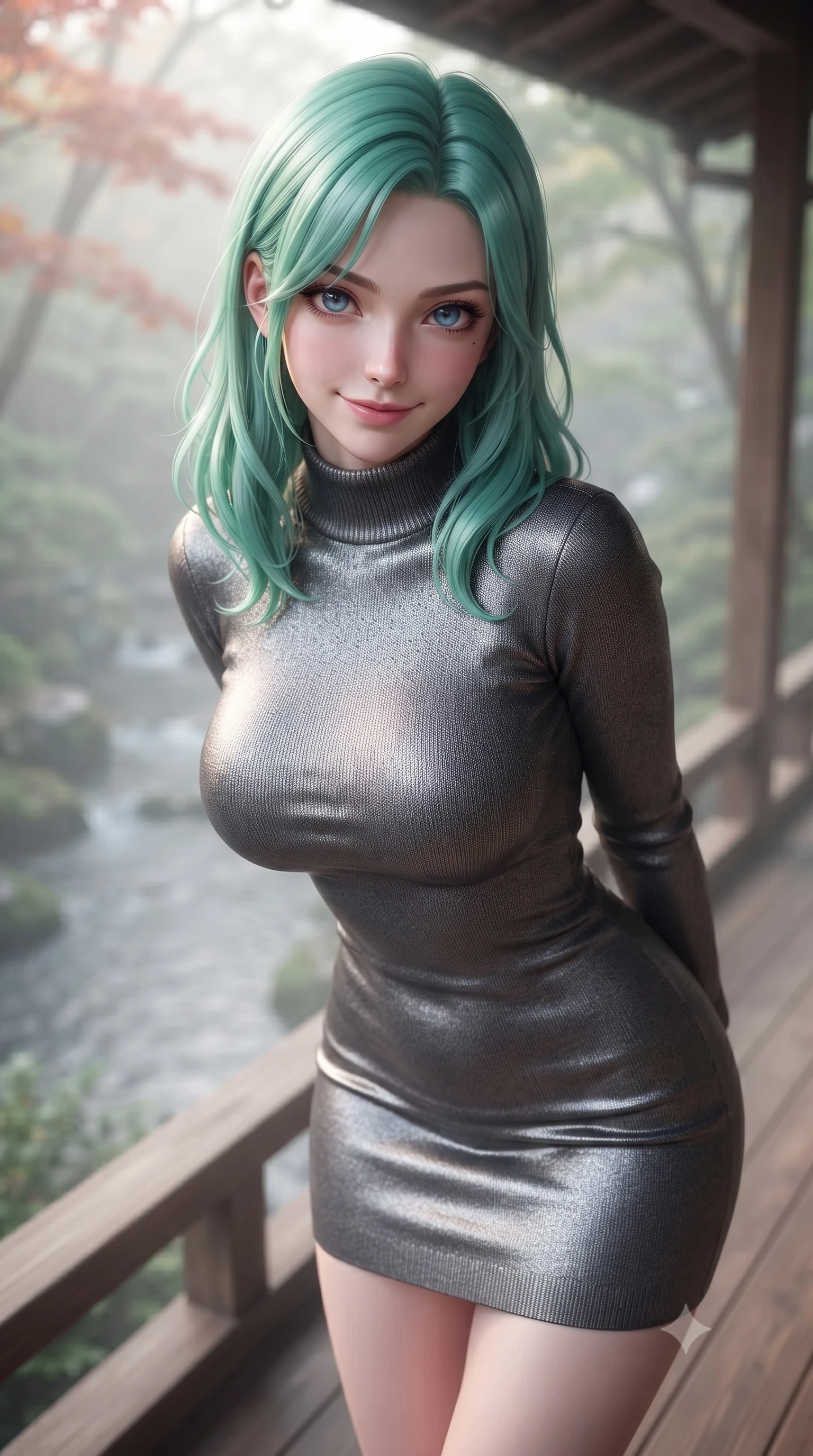 score_9, masterpiece, best quality, ultra-detailed, high-budget anime keyframe, editorial fashion photography, tasteful artistic composition, Japanese woman woman. close-up cowboy shot from the waist and thighs up, the character dominates the composition, filling the frame with her large presence, background elements kept in soft focus. leaning slightly forward with a playful, teasing smile, her gaze locked onto the viewer the background shows a soft-focus a wooden deck of a traditional Japanese inn overlooking a quiet stream. She has an exceptionally elegant, slender, and willowy female figure with an ultra-slim waist, a gracefully sculpted slender torso, and a refined silhouette. sharp v-shaped jawline, high-bridge nose, intricate jewel-like eyes with depth, thick eyelashes, glossy lips with a natural sheen. wearing a slim-fit form-contouring bodycon sweater dress in charcoal grey, featuring a snug mock-neck. soft morning mist diffusing the sunlight, creating a tranquil atmosphere. ultra-reflective glossy finish, specular highlights, metallic sheen, high-contrast stereoscopic depth, volumetric dynamic lighting, 2k, ultra detail, master piece, 9:16 ratio