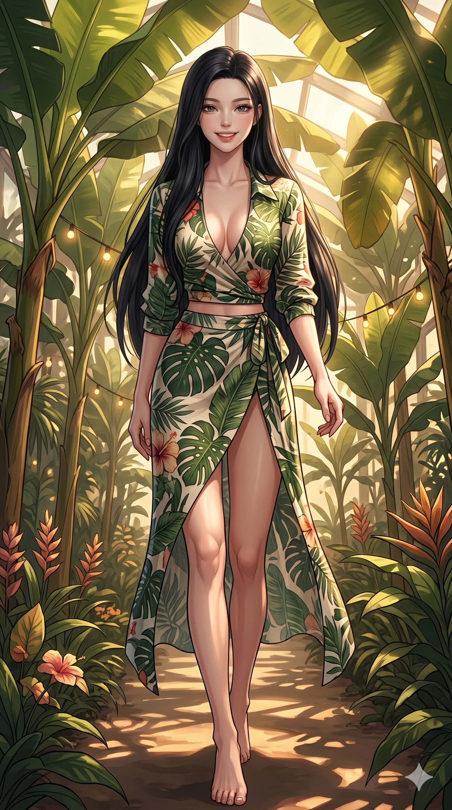 score_9, masterpiece, best quality, ultra-detailed, high-budget anime keyframe, editorial fashion photography, tasteful artistic composition, Korean woman. cowboy shot from the thighs up, character and outfit filling the frame for maximum editorial presence. walking forward with a confident, joyful smile, her eyes locked on the camera inside a conservatory pathway lined with towering banana trees and warm lights. She has an absolutely perfect 8-heads proportion, an exceptionally tall and slender female figure with impossibly long slender legs and an ultra-slim waist. V-shaped jawline, high-bridge nose, intricate jewel-like eyes with depth, thick eyelashes, glossy lips with a natural sheen. wearing a tropical print wrap top with a deep plunging collar and a matching high-slit skirt. drenched in warm sunbeams filtering through the massive leaves, creating a dynamic light play. 2k, ultra detail, master piece, 9:16 ratio