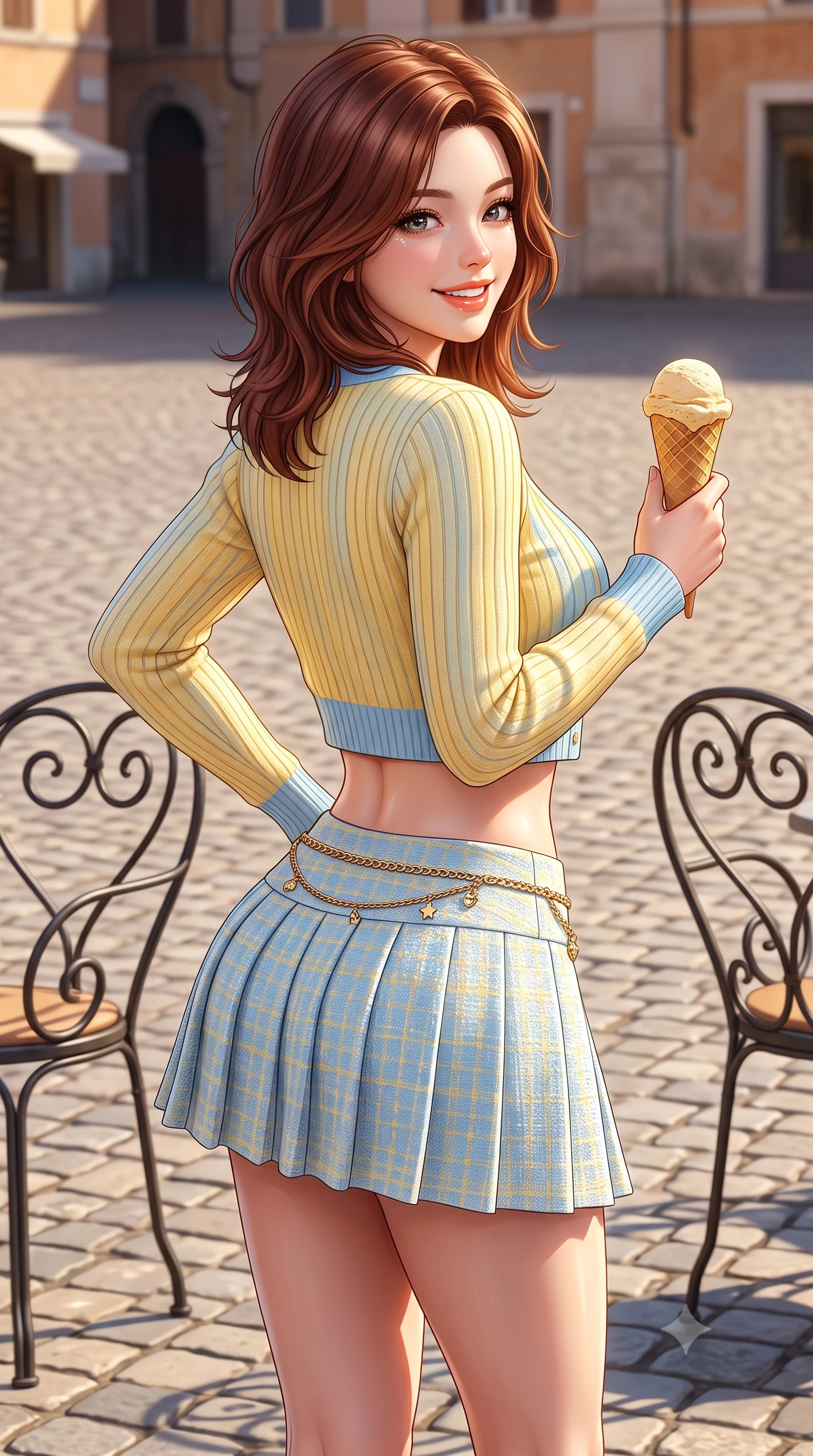 score_9, masterpiece, best quality, ultra-detailed, high-budget anime keyframe, semi-realistic 3D game render, editorial fashion photography, tasteful artistic composition, Korean woman. close-up cowboy shot from the waist and thighs up, the character dominates the composition, filling the frame with her large presence. posing in an alluring rear three-quarter angle, turning over a bare shoulder with an intoxicating cute smile, her hips cocked back to highlight her slim hourglass curve while standing poised on the cobblestone square, twisting her slender torso in an alluring S-curve in the warm Italian afternoon light. The surrounding environment is rendered in vivid detail and crisp panoramic clarity. sharp gelato cone texture, wrought-iron chair curls, and cobblestone paving stone seams in deep focus. She has an exceptionally elegant, slender, and willowy female figure with an ultra-slim waist, flat toned midriff, narrow ribcage, and sculpted feminine hips creating an alluring, slim hourglass silhouette without bulk. sharp v-shaped jawline, high-bridge nose, intricate jewel-like sparkling eyes with depth, thick eyelashes, glossy parted lips with a natural peach sheen, bright cheerful beaming smile with an enchanting and coquettish sensual glint, exuding both youthful cute charm and seductive allure, flawlessly proportioned anatomical accuracy, strict slender model proportions, natural body alignment, perfectly sculpted long slender limbs, ultra-slim waistline, clean dynamic posture without body distortion. wearing a cropped pastel ribbed knit cardigan paired with an ultra-short high-waisted pleated tennis skirt clinging tightly to her curvy hips in sunny daffodil yellow and clear sky blue, tailored from soft pastel tweed with subtle metallic shimmer, accented with a delicate gold chain belt resting loosely on her curvy hips, the liquid-tight tailored fabric clinging flawlessly to her narrow waist and rounded feminine hips, emphasizing every millimeter of her sculpted slim hourglass curves without any bulky heaviness. illuminated by crisp directional highlights accentuating her sculpted midriff, narrow waist, and curvy hips. highly saturated vibrant anime colors, detailed shading with soft gradients, rich glossy textures, high-contrast stereoscopic depth, volumetric dynamic lighting, master piece, 9:16 ratio