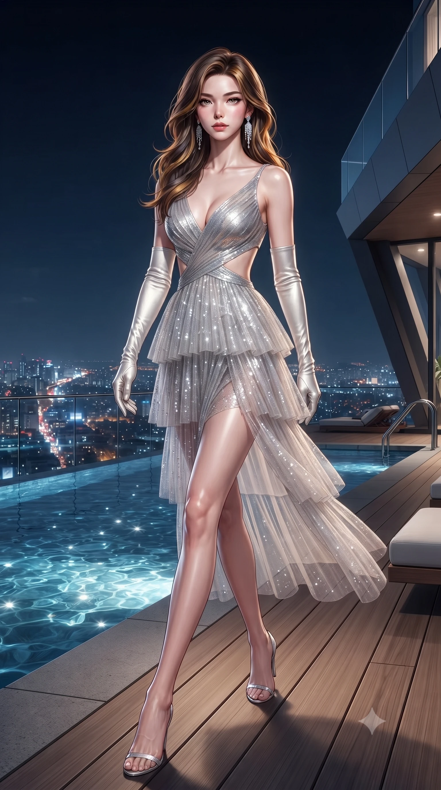score_9, masterpiece, best quality, ultra-detailed, high-budget anime keyframe, editorial fashion photography, tasteful artistic composition, Korean woman. low angle full-body shot from head to toe showing her feet, filling the entire 9:16 vertical frame with her statuesque presence, stretching her vertical silhouette. striding forward in a proud, dynamic supermodel runway stride, her statuesque vertical silhouette commanding the entire frame while pivoting gracefully beside an infinity pool as midnight city lights shimmer across the water's surface. The surrounding environment is rendered in vivid detail and crisp panoramic clarity. crystal-clear penthouse glass railings, modern teak wood decking, and sharp architectural angles in deep focus. She has an absolutely perfect, statuesque 8.5-heads proportion, an exceptionally tall and slender model-like female figure with impossibly long slender legs, a toned flat midriff, and an ultra-slim waist. sharp v-shaped jawline, high-bridge nose, intricate jewel-like eyes with depth, thick eyelashes, glossy lips with a natural sheen, captivating and magnetic expression, flawlessly proportioned anatomical accuracy, strict slender model proportions, natural body alignment, perfectly sculpted long slender limbs, ultra-slim waistline, clean dynamic posture without body distortion. wearing a sculpted metallic lamé evening dress with delicate side-waist diamond cutouts in shimmering silver mercury and pearl white, crafted from tiered translucent tulle adorned with delicate micro-sequins, complemented by opera-length satin gloves and sparkling chandelier earrings, the precision-cut daring openings accentuating her delicate midriff, graceful bare collarbones, and ultra-slim feminine waistline. surrounded by a cosmopolitan, elite, and intensely magnetic modern royalty aura. ultra-reflective glossy finish, specular highlights, rich textural contrasts, high-contrast stereoscopic depth, volumetric dynamic lighting, 2k, ultra detail, master piece, 9:16 ratio