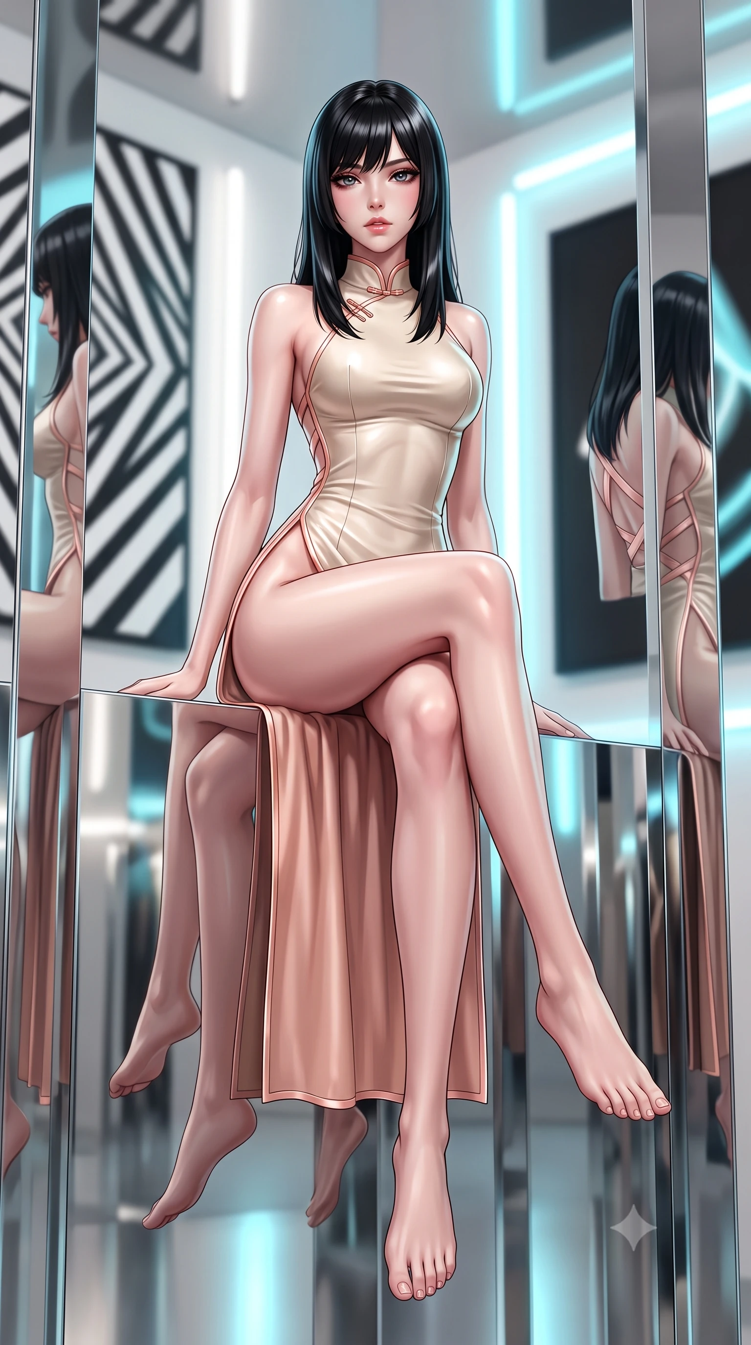 score_9, masterpiece, best quality, ultra-detailed, high-budget anime keyframe, semi-realistic 3D game render, editorial fashion photography, tasteful artistic composition, Caucasian woman. low angle full-body shot from head to toe showing her feet, filling the entire 9:16 vertical frame with her statuesque presence, stretching her vertical silhouette. sitting perched on the elevated edge with hips angled toward the camera and legs crossed, displaying her toned midriff and flawlessly sculpted slender limbs while standing poised between mirror-finished stainless steel columns, her graceful hourglass silhouette multiplied into infinite reflections. The composition keeps background elements in soft focus with creamy bokeh. monumental geometric op-art canvases and minimalist neon wall tubes blurred into crisp alabaster, charcoal, and electric cyan bokeh. She has an exceptionally tall and slender model-like 8.5-heads proportion, an ultra-slim waist, a flat toned midriff, narrow delicate ribcage, and beautifully sculpted feminine hips creating a graceful, slim hourglass silhouette without any bulky heaviness, with impossibly long slender legs. sharp v-shaped jawline, high-bridge nose, intricate jewel-like eyes with depth, thick eyelashes, glossy parted lips with a natural sheen, intensely captivating and seductive bedroom-eyes expression, flawlessly proportioned anatomical accuracy, strict slender model proportions, natural body alignment, perfectly sculpted long slender limbs, ultra-slim waistline, clean dynamic posture without body distortion. wearing a modernized cyber-qipao mini dress with an ultra-high side slit ascending to the hip and glowing piping in vintage champagne ivory and delicate rose gold, crafted from second-skin supple lambskin leather with liquid drape, finished with criss-cross back satin straps highlighting her graceful shoulder blades, the glove-like aerodynamic silhouette tightly following the natural contour of her hips and long slender legs with statuesque 8.5-heads elegance. illuminated by sharp linear edge highlights defining her sculpted collarbones, ultra-slim waist, and curvy hips. highly saturated vibrant anime colors, detailed shading with soft gradients, rich glossy textures, high-contrast stereoscopic depth, volumetric dynamic lighting, master piece, 9:16 ratio