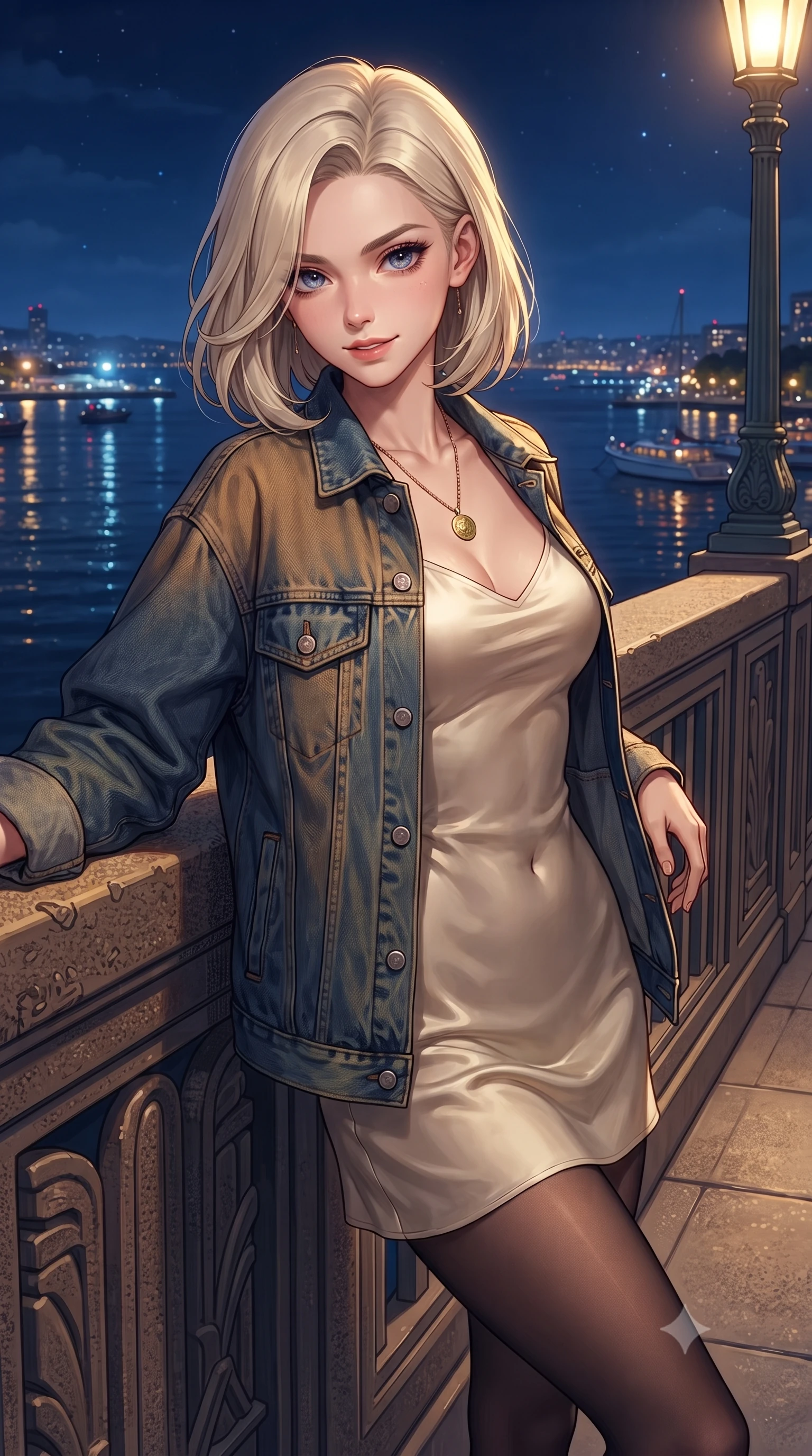 score_9, masterpiece, best quality, ultra-detailed, high-budget anime keyframe, editorial fashion photography, tasteful artistic composition, Caucasian woman. close-up cowboy shot from the waist and thighs up, the character dominates the composition, filling the frame with her large presence. radiating intense magnetic charisma with jewel-like eyes locked onto the viewer, her upper body turning in a dynamic, fluid S-curve while resting against the bridge railing overlooking shimmering harbor lights, looking directly into the camera with starry eyes. The surrounding environment is rendered in vivid detail and crisp panoramic clarity. detailed ocean water surface textures, art-deco lamp post reliefs, and asphalt grain in high resolution. She has an exceptionally elegant, slender, and willowy female figure with an ultra-slim waist, a gracefully sculpted slender torso, toned flat midriff, and a refined slim silhouette. sharp v-shaped jawline, high-bridge nose, intricate jewel-like eyes with depth, thick eyelashes, glossy lips with a natural sheen, captivating and magnetic expression, flawlessly proportioned anatomical accuracy, strict slender model proportions, natural body alignment, perfectly sculpted long slender limbs, ultra-slim waistline, clean dynamic posture without body distortion. wearing a romantic 90s silk satin slip dress layered under an unbuttoned vintage oversized denim jacket in vintage camel brown and washed indigo denim, crafted from ultra-soft brushed fleece and vintage-washed jersey, accented with a vintage gold coin pendant necklace and dark sheer tights, the glove-like aerodynamic second-skin fit tightly clinging to her ultra-slender waist and athletic curves without adding bulk, accentuating her razor-sharp statuesque lines and slim hourglass silhouette. bathed in warm yellow streetlamp illumination and cool blue midnight sky ambient fill. ultra-reflective glossy finish, specular highlights, rich textural contrasts, high-contrast stereoscopic depth, volumetric dynamic lighting, 2k, ultra detail, master piece, 9:16 ratio