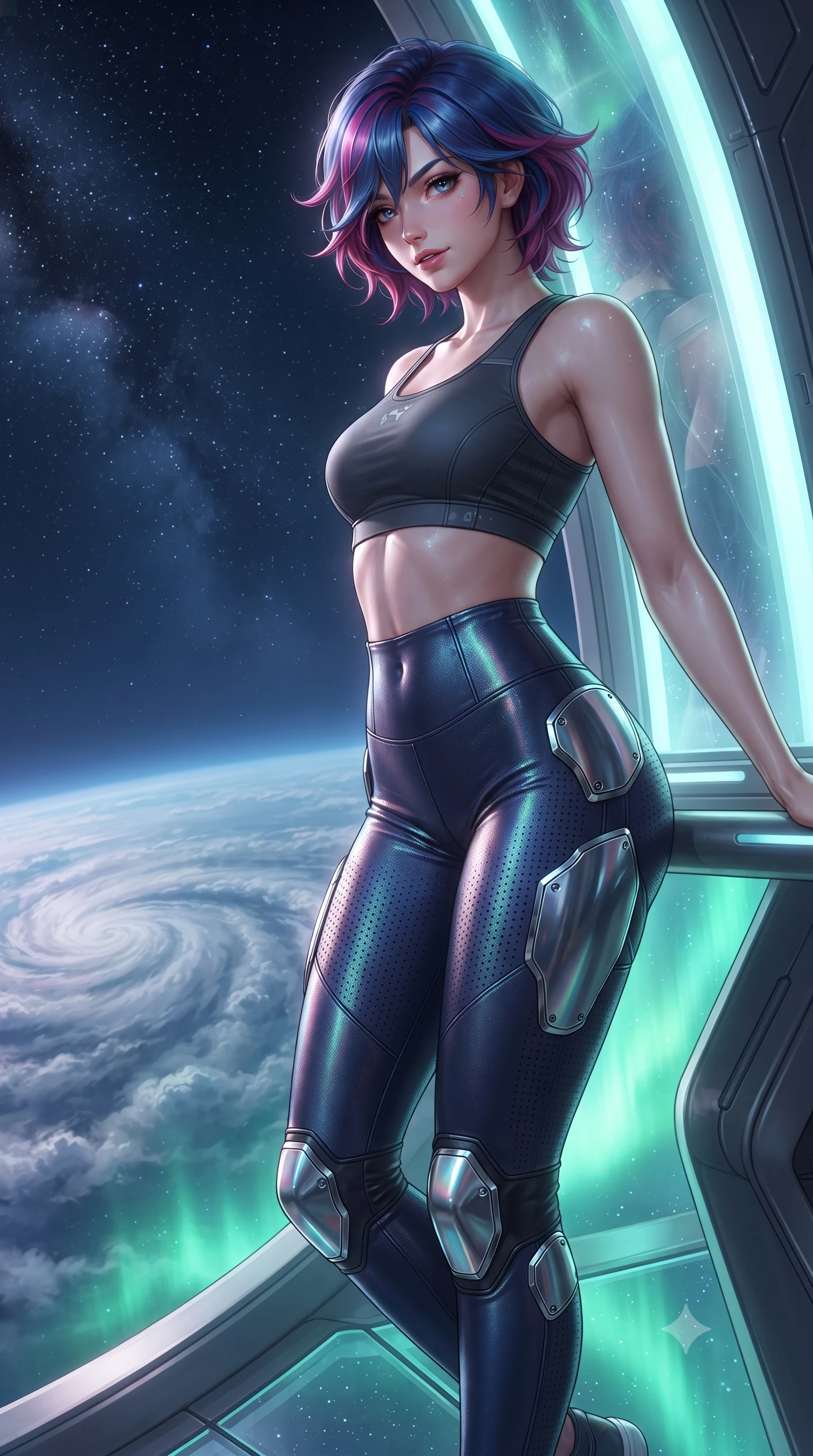 score_9, masterpiece, best quality, ultra-detailed, high-budget anime keyframe, editorial fashion photography, tasteful artistic composition, Korean woman. close-up cowboy shot from the waist and thighs up, the character dominates the composition, filling the frame with her large presence. leaning back against the glowing maintenance bulkhead with relaxed seductive grace, her flat midriff and narrow waist highlighted as laser ambient light traces her curves while standing poised at the curved titanium edge with hips cocked back, casting an intoxicating bedroom-gaze down toward swirling atmospheric storm clouds. The surrounding environment is rendered in vivid detail and crisp panoramic clarity: sharp structural glass bridge floor seams, micro-meteorite impact baffles, and titanium handrail hardware in deep focus. She has an exceptionally elegant, slender, and willowy female figure with an ultra-slim waist, flat toned midriff, narrow ribcage, and sculpted feminine hips creating an alluring, slim hourglass silhouette without bulk. sharp v-shaped jawline, high-bridge nose, intricate jewel-like sparkling eyes with depth, thick eyelashes, glossy parted lips with a natural sheen, bright confident smile with an enchanting and coquettish sensual glint, exuding both youthful magnetic charm and sovereign high-tech allure, flawlessly proportioned anatomical accuracy, strict slender model proportions, natural body alignment, perfectly sculpted long slender limbs, ultra-slim waistline, clean dynamic posture without body distortion. wearing a tactical racerback athletic crop top paired with skin-tight high-waisted holographic combat leggings in midnight navy blue and holographic iridescent shimmer, made of high-grade ballistic nylon with precision laser-cut perforations, accented with strategically placed chrome armor plate guards covering key curves, the high-waisted tailoring accentuating her ultra-slim waistline and the enchanting curve of her feminine hips with alluring dark charm. bathed in soft celestial starlight and radiant emerald aurora glow from below. ultra-reflective glossy finish, specular highlights, rich textural contrasts, high-contrast stereoscopic depth, volumetric dynamic lighting, 2k, ultra detail, master piece, 9:16 ratio