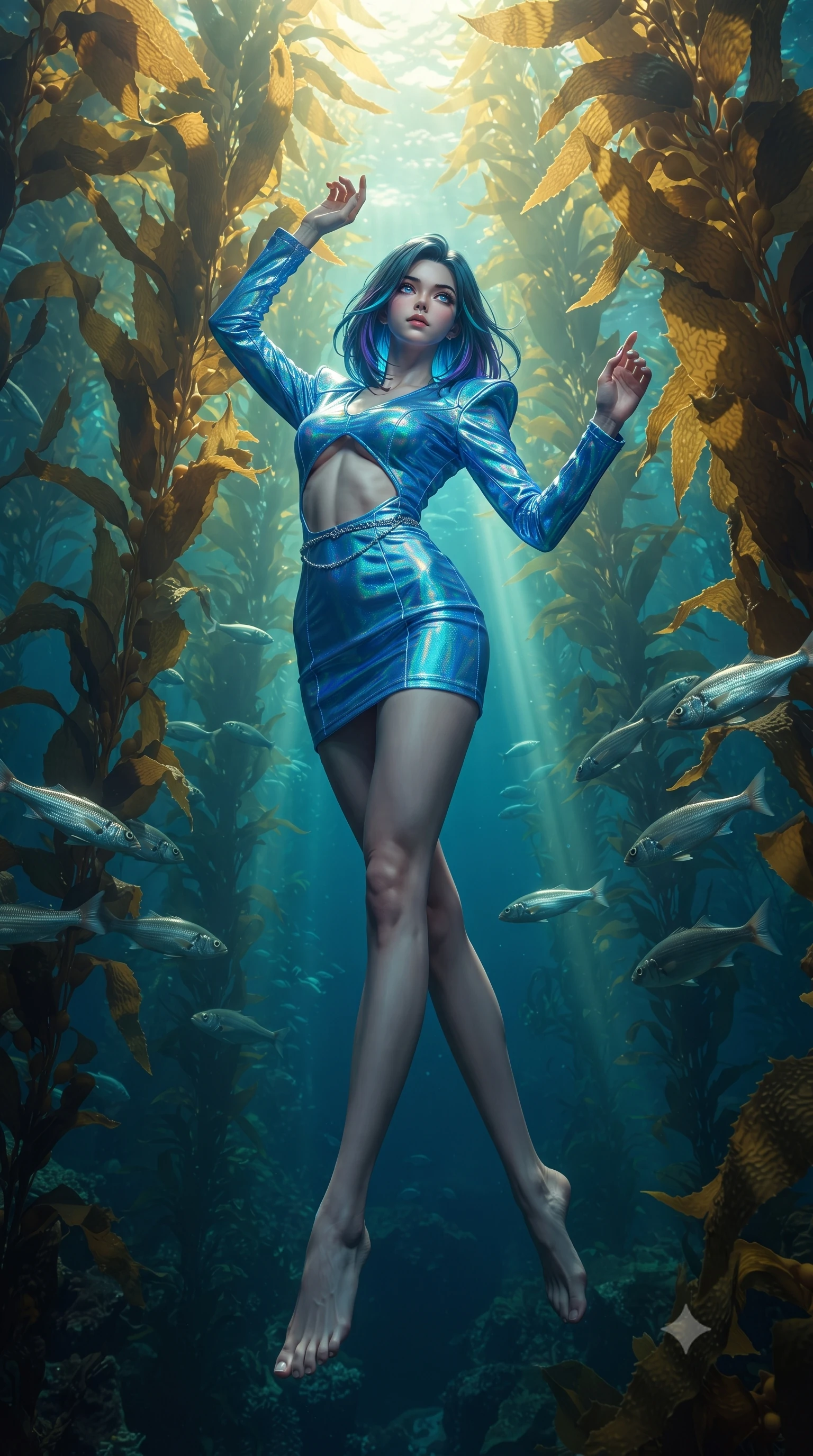 score_9, masterpiece, best quality, ultra-detailed, high-budget anime keyframe, editorial fashion photography, tasteful artistic composition, Caucasian woman, strictly human ears. low angle full-body shot from head to toe showing her feet, filling the entire 9:16 vertical frame with her statuesque presence, stretching her vertical silhouette. ascending with powerful grace through inside a towering underwater kelp forest where enormous brown-gold kelp fronds reach from the seabed toward the surface like pillars of a cathedral with shafts of sunlight filtering through the canopy and schools of silver fish darting between. She has a statuesque 8.5-heads proportion, an exceptionally tall, slender and willowy model-like build with impossibly long legs and a highly sculpted ultra-slim waist. sharp v-shaped jawline, high-bridge nose, intricate jewel-like eyes with depth, thick eyelashes, glossy lips with a natural sheen. wearing a holographic mini dress in electric blue, featuring structured shoulder pads, an exposed midriff, and a silver waist chain. filtered golden-green sunlight streaming down through the kelp canopy creating underwater god-rays with deep blue ambient ocean light and silver fish scales catching focused light beams. 2k, ultra detail, master piece, 9:16 ratio