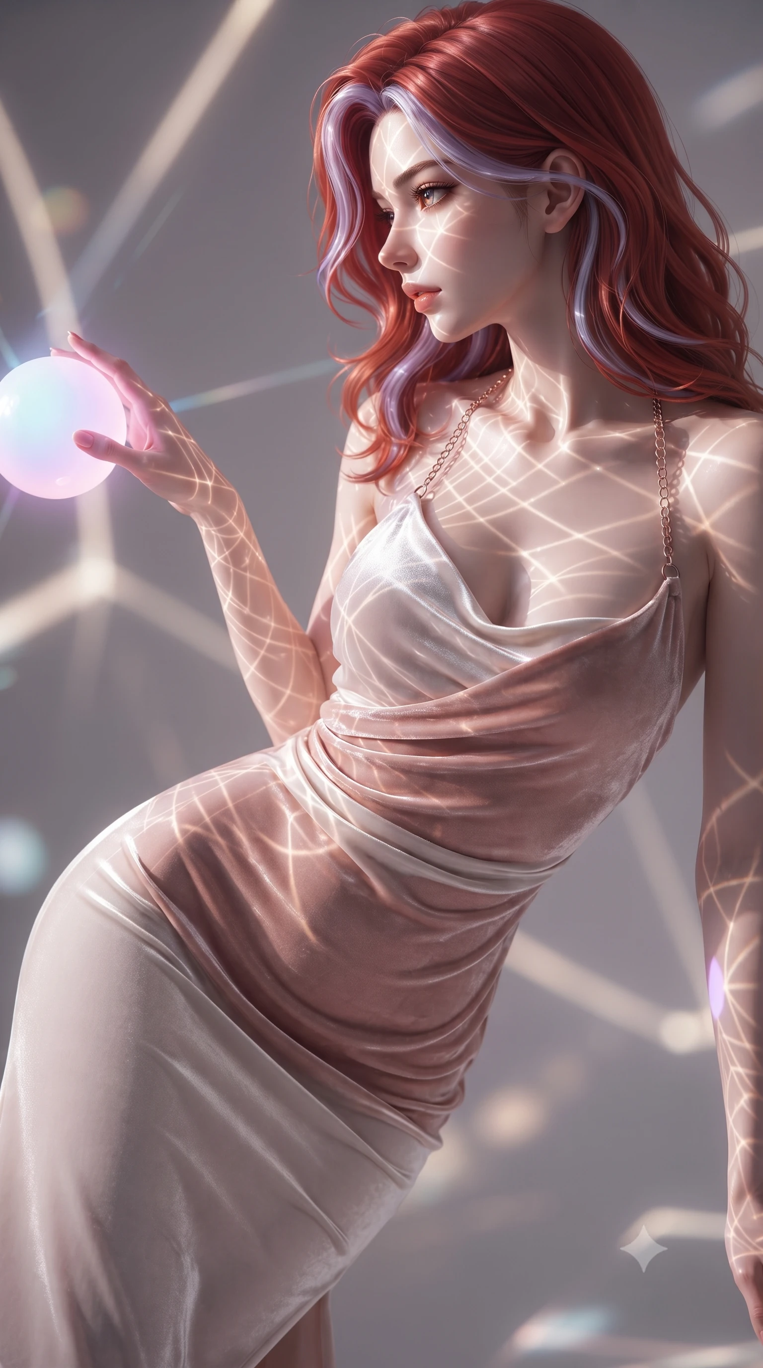 score_9, masterpiece, best quality, ultra-detailed, high-budget anime keyframe, editorial fashion photography, tasteful artistic composition, Caucasian woman. close-up cowboy shot from the waist and thighs up, the character dominates the composition, filling the frame with her large presence, background elements kept in soft focus. Turning her face in sharp profile while her upper body leans forward with poised athletic grace while reaching forward with an arm stretch to touch a pulsating pastel light sphere, intricate geometric lattice patterns of light projected onto her skin. She has an exceptionally elegant, slender, and willowy female figure with an ultra-slim waist, a gracefully sculpted slender torso, and a refined silhouette. sharp v-shaped jawline, high-bridge nose, intricate jewel-like eyes with depth, thick eyelashes, glossy lips with a natural sheen, flawlessly proportioned anatomical accuracy, natural body alignment, perfectly sculpted elegant limbs, clean dynamic posture without body distortion. wearing a velvet halter-neck midi dress following her form like a glove in pearl white and rose gold, crafted from lustrous satin jersey with fluid draping, adorned with delicate metallic chain straps along the neckline, the elegant draped fit framing her graceful clavicle and slender torso. bathed in sharp geometric laser grid highlights and soft ambient fill. ultra-reflective glossy finish, specular highlights, metallic sheen, high-contrast stereoscopic depth, volumetric dynamic lighting, 2k, ultra detail, master piece, 9:16 ratio