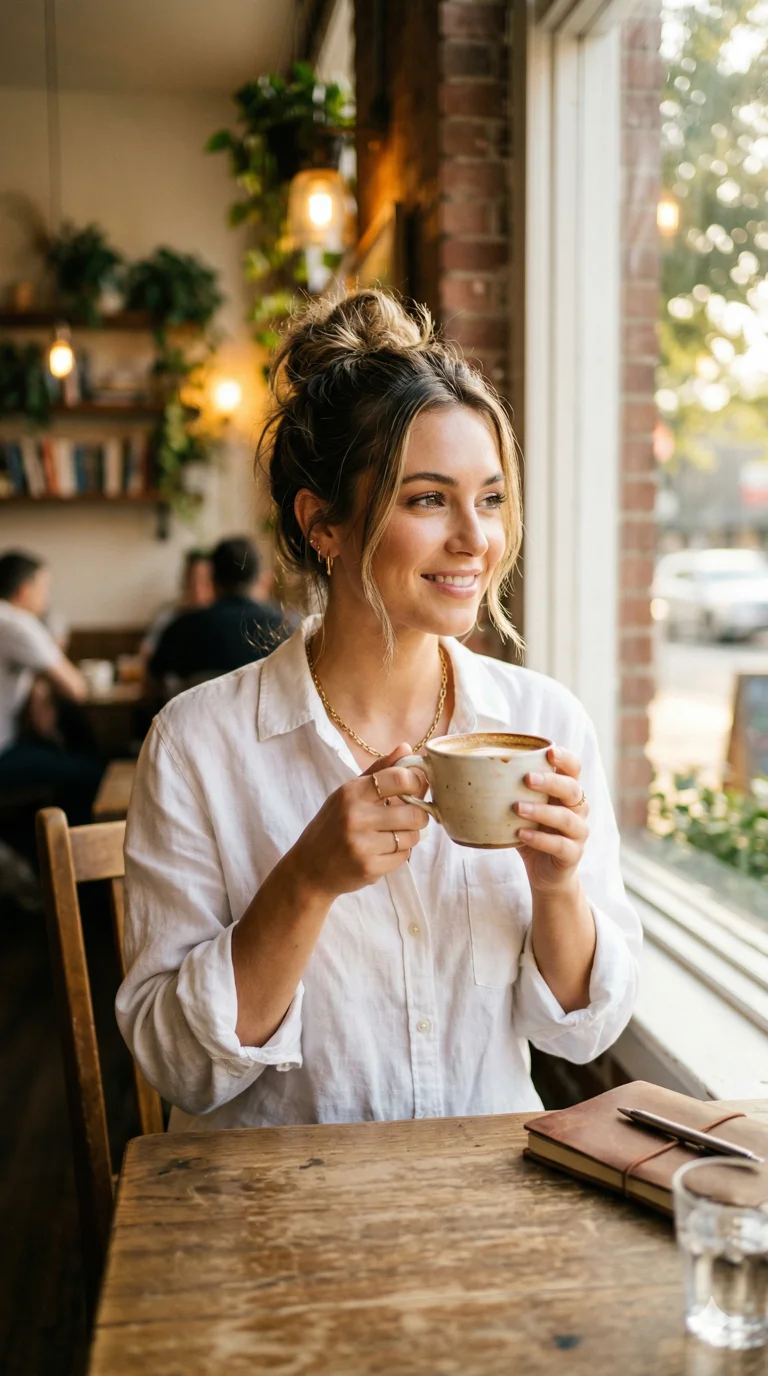 (masterpiece:1.2), best quality, highres, (1girl:1.3), gorgeous woman, messy bun, (white linen shirt and cup of coffee:1.1), soft morning sun, 2k, ultra detail, 9:16 ratio