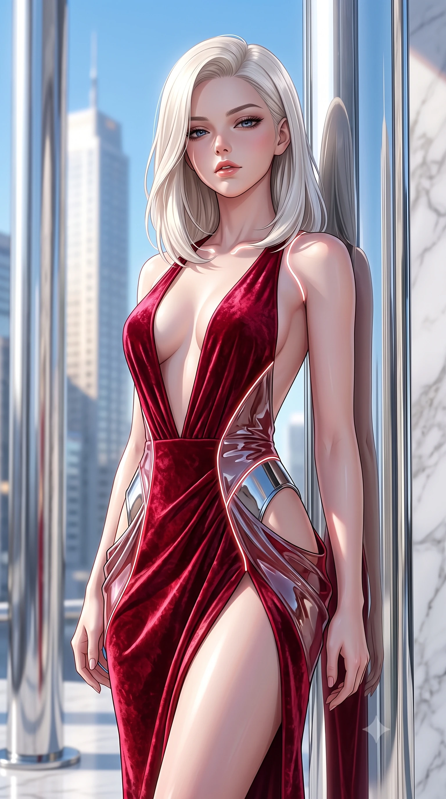 score_9, masterpiece, best quality, ultra-detailed, high-budget anime keyframe, semi-realistic 3D game render, editorial fashion photography, tasteful artistic composition, Caucasian woman. close-up cowboy shot from the waist and thighs up, the character dominates the composition, filling the frame with her large presence. casting a slow, smoldering gaze beneath heavy lashes with parted glossy lips, her head slightly tilted in captivating self-assurance while leaning against a polished chrome architectural column with a confident, smoldering editorial gaze. The composition keeps background elements in soft focus with creamy bokeh. sunlit skyscraper towers and clear blue skies blurred into bright, clean high-key urban bokeh. She has an exceptionally elegant, slender, and willowy female figure with an ultra-slim waist, a gracefully sculpted slender torso, toned flat midriff, and a refined slim silhouette. sharp v-shaped jawline, high-bridge nose, intricate jewel-like eyes with depth, thick eyelashes, glossy lips with a natural sheen, flawlessly proportioned anatomical accuracy, strict slender model proportions, natural body alignment, perfectly sculpted long slender limbs, ultra-slim waistline, clean dynamic posture without body distortion. wearing a backless crimson crushed velvet gown with a deep plunging V-neckline, strategic hip cutouts, and an ultra-high thigh slit in deep royal navy blue and specular chrome, tailored from semi-translucent cybernetic vinyl with glowing micro-filaments, accented with glowing fiber-optic seams tracing her collarbones and hip curves, the liquid-tight tailored fabric emphasizing every curve of her tall, slender model proportions and sculptured silhouette during dynamic movement. illuminated by crisp white studio key light with specular chrome and marble reflections. highly saturated vibrant anime colors, detailed shading with soft gradients, rich glossy textures, high-contrast stereoscopic depth, volumetric dynamic lighting, master piece, 9:16 ratio