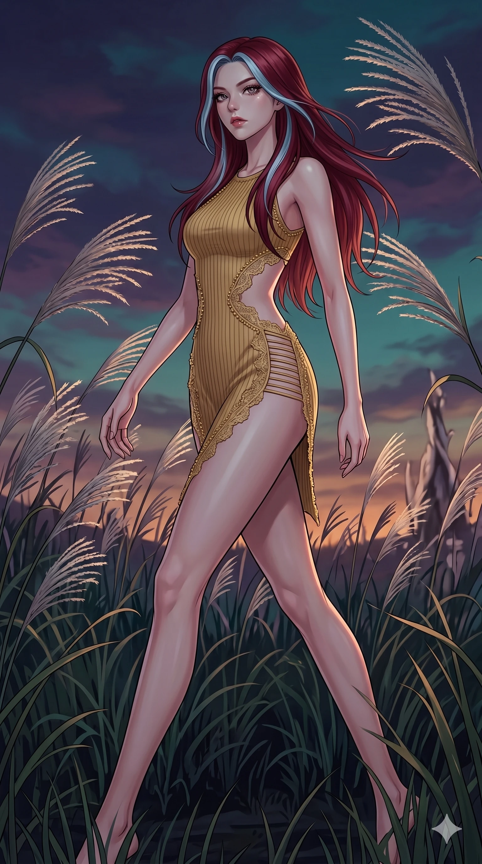 score_9, masterpiece, best quality, ultra-detailed, High-budget Anime Keyframe, East Asian woman. Dynamic full-body shot stretching the vertical silhouette to the limit. Scenario 98: Walking through a field of tall silver grass at twilight. Her presence is magnetic and overpowering in this high-budget anime scene. Outfit 98: A ribbed bodycon knit gold with a strategic side cut-outs and delicate lace embroidery. The clothing is designed to emphasize her exceptionally tall and slender 8-heads proportion. 8-heads proportion, towering silhouette, ultra-slim waist. sharp v-shaped jawline, intricate jewel-like eyes with depth, thick eyelashes, glossy lips. 2k, ultra detail, master piece, 9:16 ratio