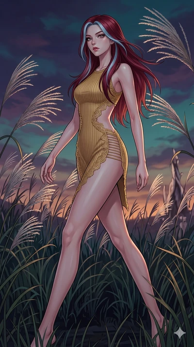 score_9, masterpiece, best quality, ultra-detailed, High-budget Anime Keyframe, East Asian woman. Dynamic full-body shot stretching the vertical silhouette to the limit. Scenario 98: Walking through a field of tall silver grass at twilight. Her prese
