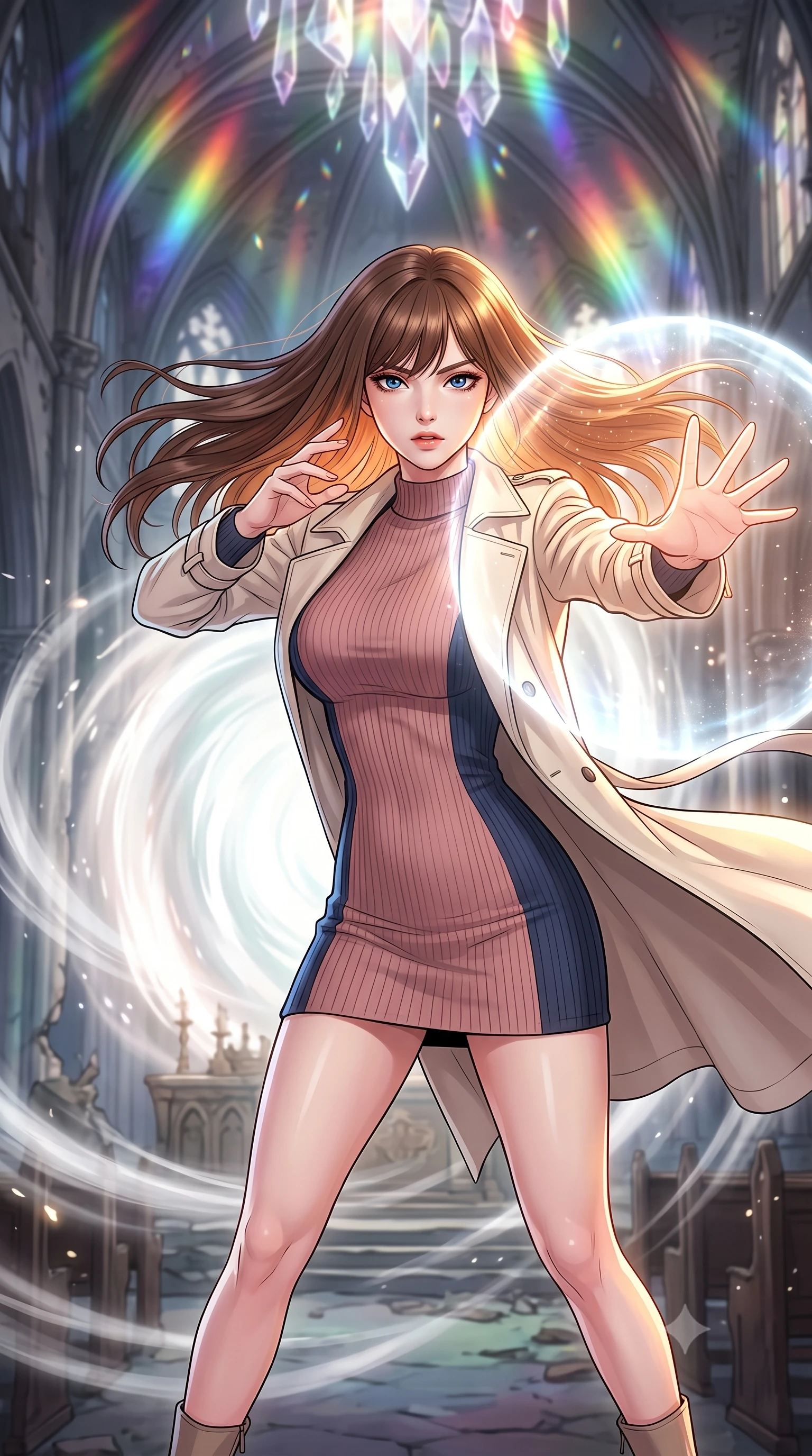 score_9, masterpiece, best quality, ultra-detailed, high-budget anime keyframe, clean line-art, cel-shading, Korean woman. close-up cowboy shot from the waist and thighs up, the character dominates the composition, filling the frame with her large presence, background elements kept in soft focus. Casting a protective shield, her face illuminated by the bright barrier glow. set against a soft-focus background of a crumbling gothic cathedral where a massive swirling portal of white light has opened before the altar, wind blowing inward. She has an exceptionally elegant and slender, willowy female figure with an ultra-slim waist, a gracefully sculpted slender torso, and a refined slim physique. sharp v-shaped jawline, high-bridge nose, intricate jewel-like eyes with depth, thick eyelashes, glossy lips with a natural sheen. wearing catching and diffusing the glowing particles, shimmering softly in response to the surrounding light, a slim-fit body-con mini dress in a two-tone ribbed knit of dusty rose and navy, paired with a light cream trench coat. cascading rainbow prismatic light refracting through crystal formations overhead. highly saturated vibrant anime colors, intense vivid color palette, volumetric dynamic lighting, 2k, ultra detail, master piece, 9:16 ratio
