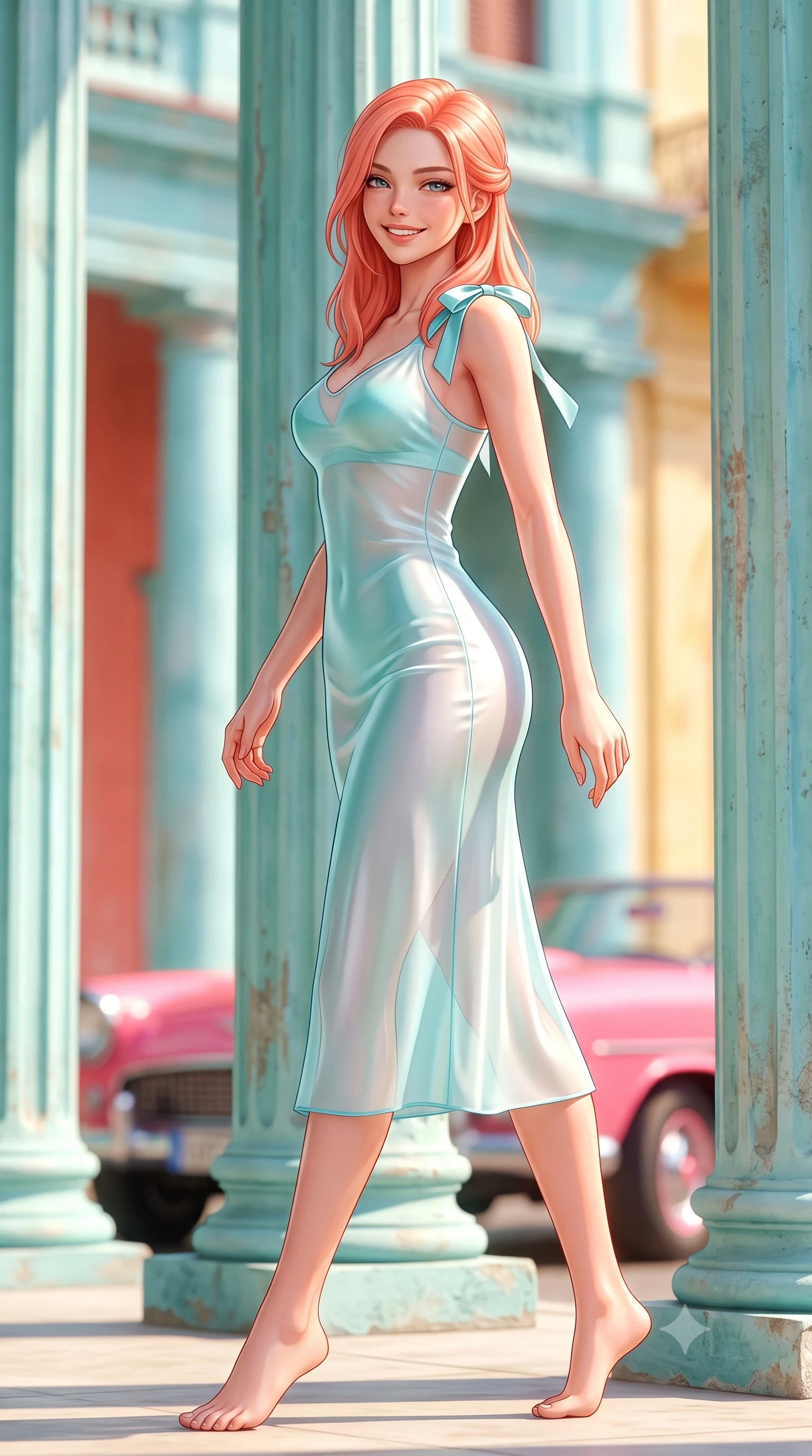 score_9, masterpiece, best quality, ultra-detailed, high-budget anime keyframe, semi-realistic 3D game render, editorial fashion photography, tasteful artistic composition, Japanese woman. low angle full-body shot from head to toe showing her feet, filling the entire 9:16 vertical frame with her statuesque presence, stretching her vertical silhouette. stepping forward gracefully in mid-motion with a radiant beaming smile, hips swaying in an alluring kinetic rhythm that accentuates her curvy hourglass silhouette and long slender legs while standing poised between ancient neoclassical stone columns with hips cocked back, looking over her shoulder with an alluring, sun-dazed bedroom-gaze. The composition keeps background elements in soft focus with dreamy creamy bokeh. weathered pastel turquoise colonnades and vibrant pink classic cars blurred into coral, turquoise, and sun-bleached yellow bokeh. She has an exceptionally tall and slender model-like 8.5-heads proportion, an ultra-slim waist, a flat toned midriff, narrow delicate ribcage, and beautifully sculpted feminine hips creating a graceful, slim hourglass silhouette without any bulky heaviness, with impossibly long slender legs. sharp v-shaped jawline, high-bridge nose, intricate jewel-like sparkling eyes with depth, thick eyelashes, glossy parted lips with a natural peach sheen, bright cheerful beaming smile with an enchanting and coquettish sensual glint, exuding both youthful cute charm and seductive allure, flawlessly proportioned anatomical accuracy, strict slender model proportions, natural body alignment, perfectly sculpted long slender limbs, ultra-slim waistline, clean dynamic posture without body distortion. wearing a delicate semi-sheer chiffon sun-slip dress layered over a matching pastel bralette, hugging her slender waist and hips in ocean turquoise and sea-salt white, made of smooth fluid silk satin with a delicate pearlescent sheen, finished with cute satin bow ribbons tying at the shoulders, the liquid-tight tailored fabric clinging flawlessly to her narrow waist and rounded feminine hips, emphasizing every millimeter of her sculpted slim hourglass curves without any bulky heaviness. illuminated by warm wall bounce light sharply sculpting her razor-sharp jawline, narrow waist, and curvy hips. highly saturated vibrant anime colors, detailed shading with soft gradients, rich glossy textures, high-contrast stereoscopic depth, volumetric dynamic lighting, master piece, 9:16 ratio