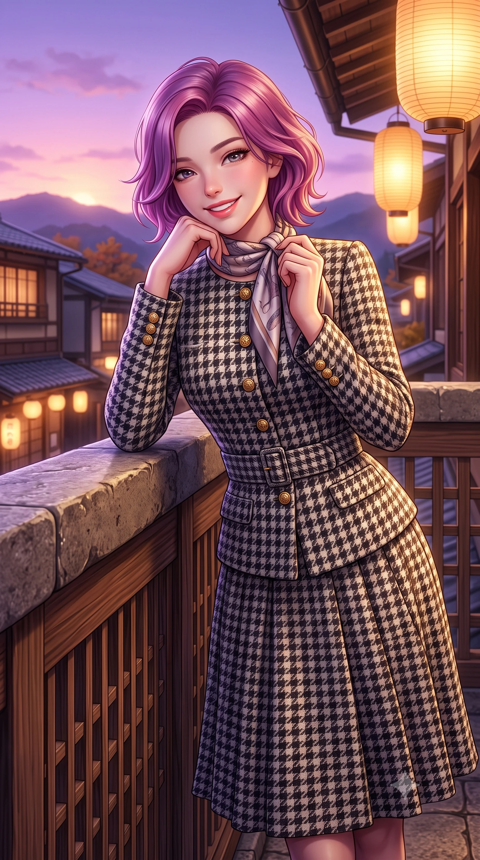 score_9, masterpiece, best quality, ultra-detailed, high-budget anime keyframe, semi-realistic 3D game render, editorial fashion photography, tasteful artistic composition, Caucasian woman. close-up cowboy shot from the waist and thighs up, the character dominates the composition, filling the frame with her large presence. resting one elbow on the stone balustrade, chin poised lightly on her hand with intelligent, charming warmth while leaning gently against the cedar lattice railing of the historic machiya balcony, one hand holding her scarf against the crisp evening breeze. The surrounding environment is rendered in vivid detail and crisp panoramic clarity: detailed double-breasted wool gabardine trench coat drape, horn buttons, and historic Japanese urban architecture in high resolution. She has an exceptionally elegant, slender, and willowy female figure with an ultra-slim waist, flat toned midriff, narrow ribcage, and sculpted feminine hips creating an alluring, slim hourglass silhouette without bulk. sharp v-shaped jawline, high-bridge nose, intricate jewel-like sparkling eyes with depth, thick eyelashes, glossy parted lips with a natural peach sheen, bright cheerful beaming smile with an enchanting and coquettish sensual glint, exuding both youthful cute charm and seductive allure, flawlessly proportioned anatomical accuracy, strict slender model proportions, natural body alignment, perfectly sculpted long slender limbs, ultra-slim waistline, clean dynamic posture without body distortion. wearing a structured houndstooth tweed jacket with gold embossed buttons and a matching pleated A-line midi skirt in classic Savile Row charcoal houndstooth and crisp ivory, made of crisp Egyptian cotton poplin with pristine tailored pressing, finished with fine mother-of-pearl cuff buttons catching the soft ambient light, the structured cinched belt emphasizing her narrow waistline and gracefully balanced proportions with timeless haute-couture polish. bathed in the soft purple-gold twilight glow of autumn sunset over the Higashiyama mountains mixed with warm paper lantern lights. highly saturated vibrant anime colors, detailed shading with soft gradients, rich glossy textures, high-contrast stereoscopic depth, volumetric dynamic lighting, master piece, 9:16 ratio