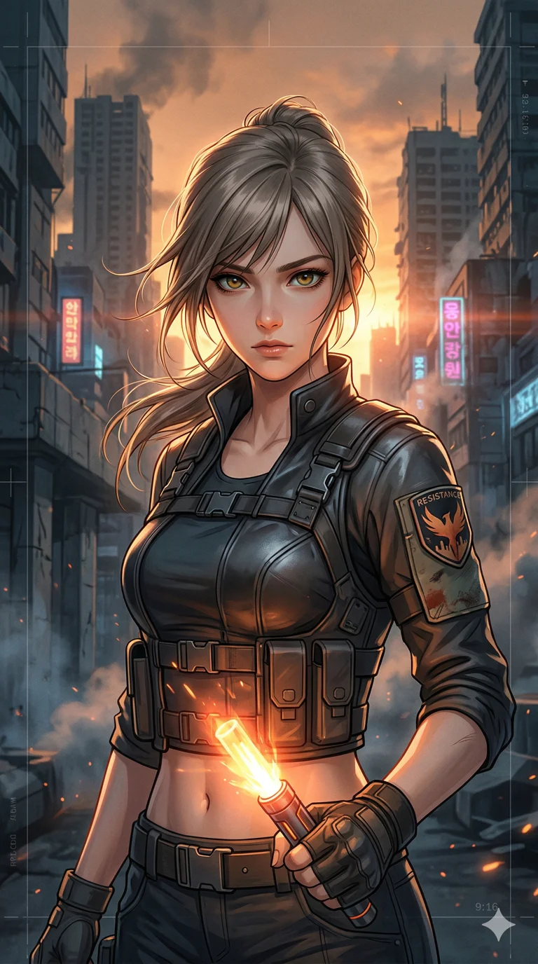 score_9, masterpiece, best quality, ultra-detailed, semi-realistic high-budget anime keyframe, an incredibly beautiful Korean woman. Medium shot of upper body focusing on her alluring features. She is a rebel leader in a dystopian city, holding a glowing digital flare. She has an absolutely perfect 8-heads proportion, a towering and slender female figure. Her face is a masterpiece with ash brown hair and intense jewel-like eyes. She is wearing a form-fitting synthetic leather vest, midriff exposed, highlighting her alluring silhouette. Smoke and orange sunset light, dramatic rim lighting, radiant glowing skin, 2k, ultra detail, master piece, 9:16 ratio